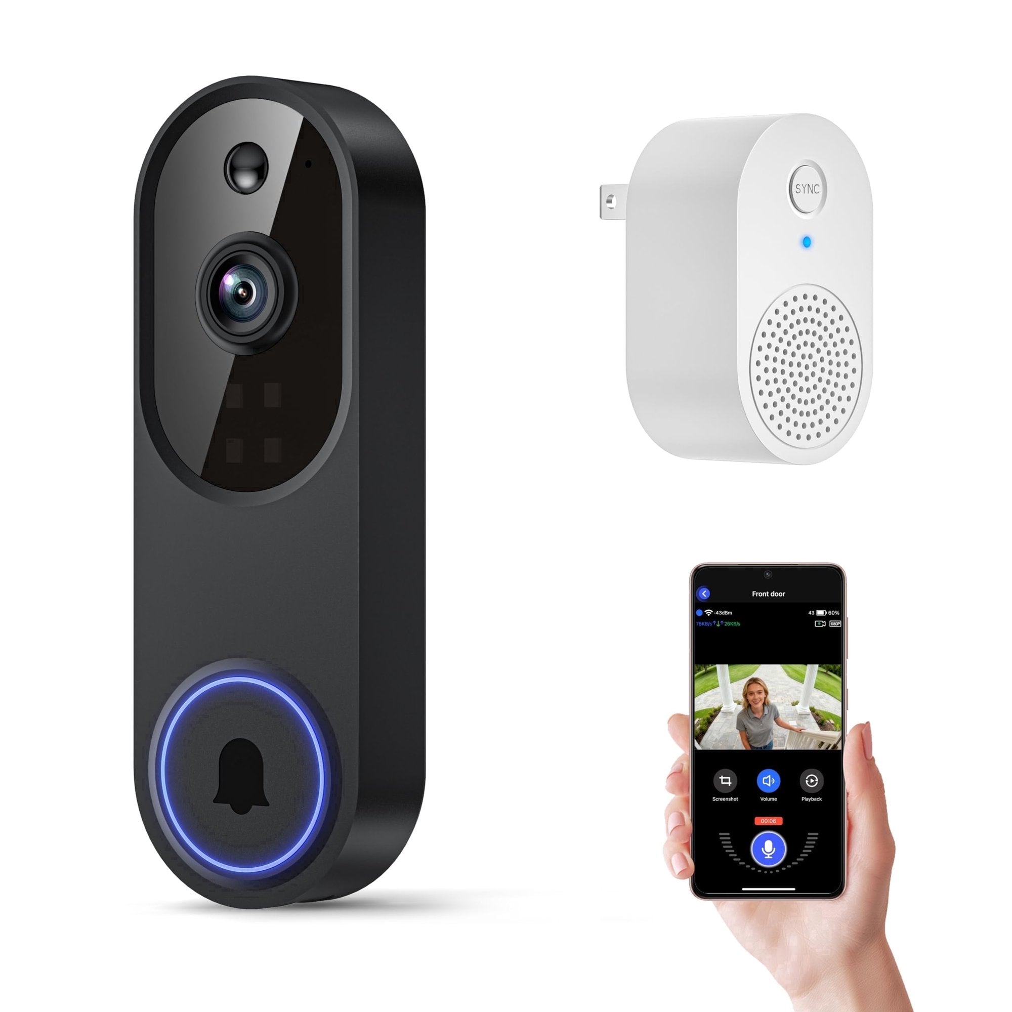 1080p Wireless Wi-Fi Video Doorbell Camera with Two Way Audio, Night Vision, Cloud Storage, Smart AI Motion Detection, Support 2.4GHz Wi-Fi only