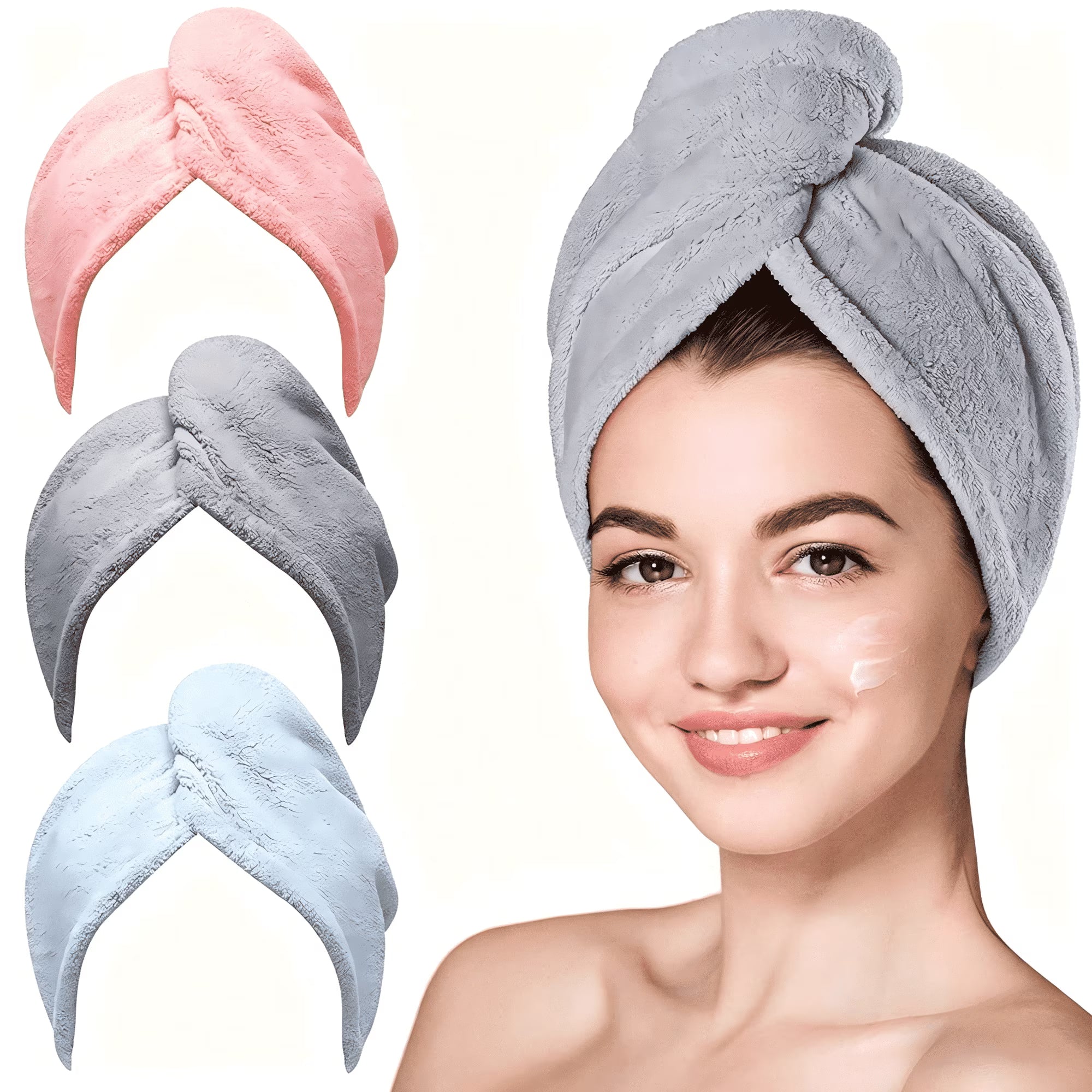 Microfiber Hair Towel Wrap, Fast Drying Hair Towels for Women, Soft Lightweight Quick Dry Turban for Curly & Long Hair–3 Pack(Blue/Grey/Pink)