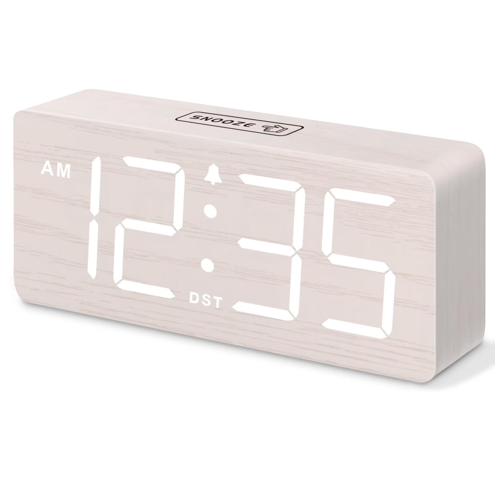 The DreamSky wooden digital alarm clock features wireless charging and is suitable for bedrooms and bedside tables. It comes with a charging dock, USB port, and large digital display.