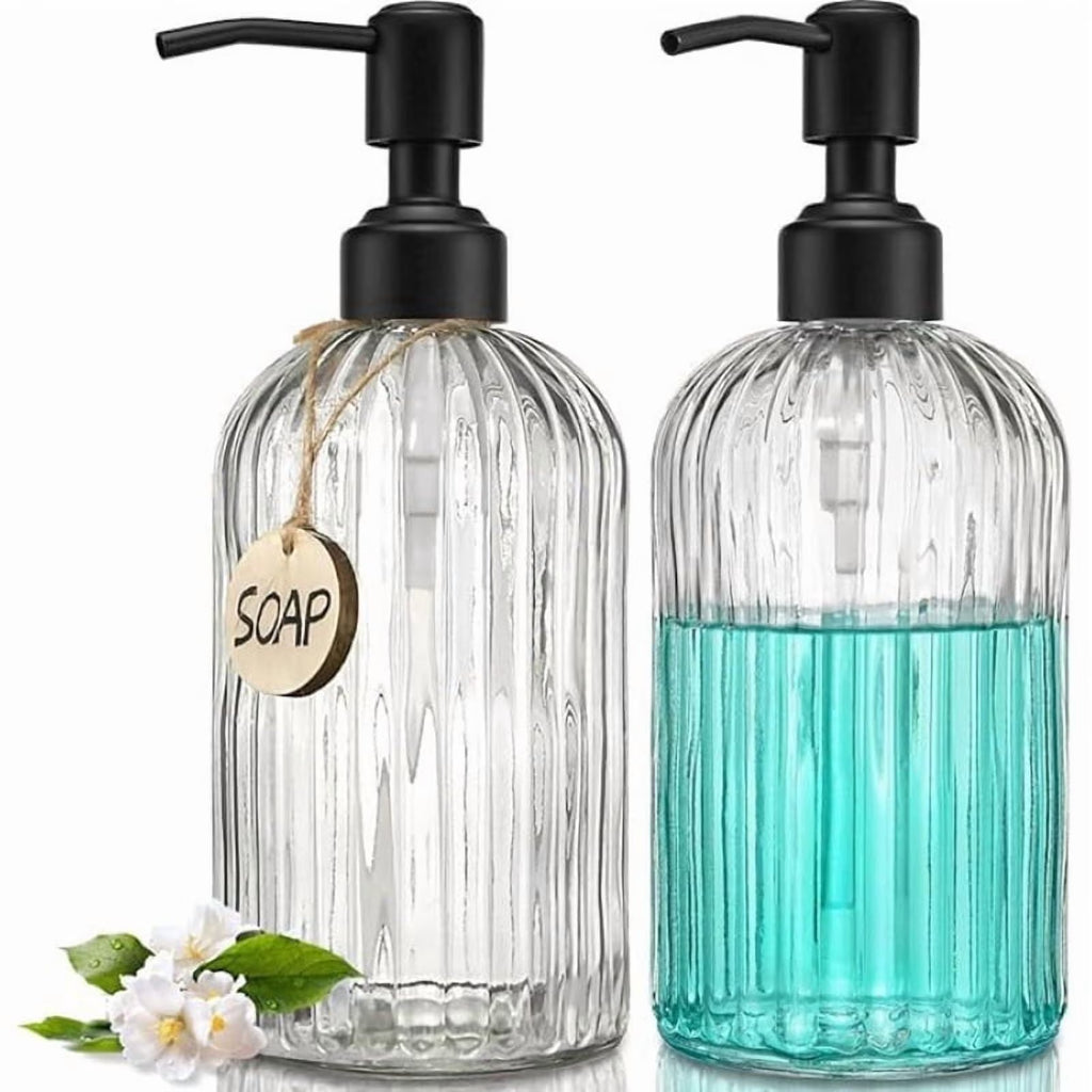 2PACK Glass Soap Dispenser with Rust Proof Stainless Steel Pump, Refillable Hand Soap Dispenser with Vertical Stripe, Premium Bathroom soap Dispenser for Kitchen & Bathroom