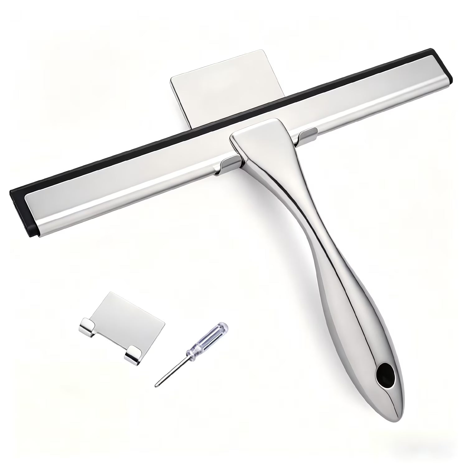 All-Purpose Stainless Steel Shower Squeegee for Shower Glass Door with 2 Adhesive Hooks, Bathroom Cleaner Tool Household Window Mirror Squeegee , Cleaning Tile Wall, Car, Silver