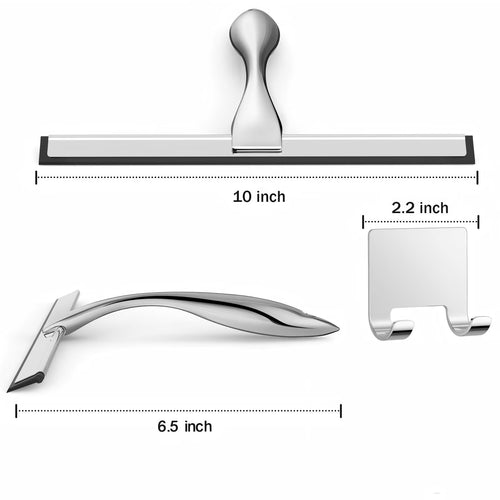 All-Purpose Stainless Steel Shower Squeegee for Shower Glass Door with 2 Adhesive Hooks, Bathroom Cleaner Tool Household Window Mirror Squeegee , Cleaning Tile Wall, Car, Silver