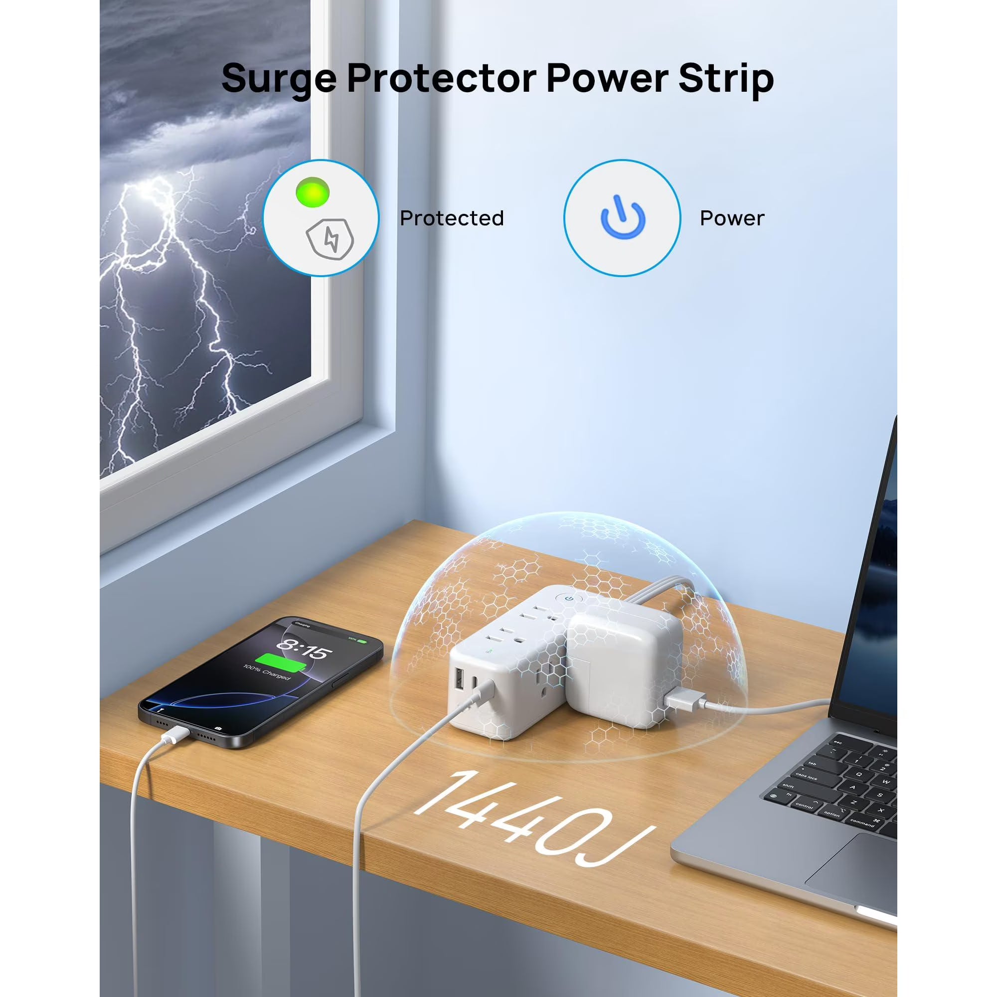 Avoben 360° rotating flat plug power strip with 6 widely spaced sockets, 2 USB-C ports and 1 USB-A port, 1440J surge protector, 5-foot extension cord, suitable for home, travel and office (2-pack).