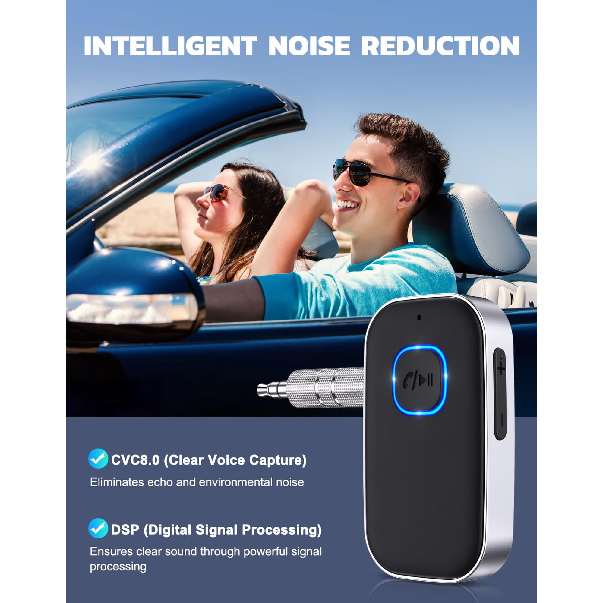 Bluetooth Receiver for Car, Noise Cancelling 3.5mm AUX Bluetooth Car Adapter, Wireless Audio Receiver for Home Stereo/Wired Headphones, Hands-Free Call, 16H Battery Life - Black+Silver