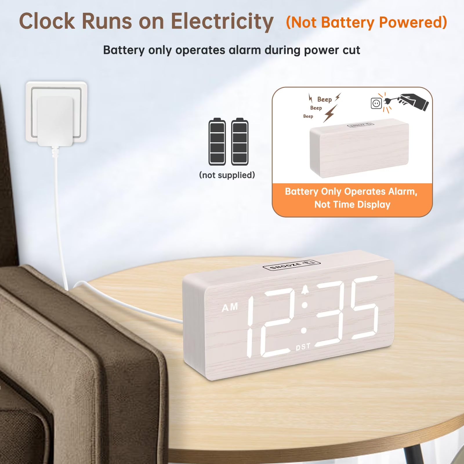 The DreamSky wooden digital alarm clock features wireless charging and is suitable for bedrooms and bedside tables. It comes with a charging dock, USB port, and large digital display.