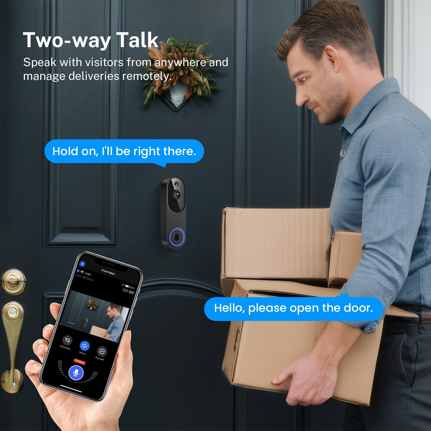 1080p Wireless Wi-Fi Video Doorbell Camera with Two Way Audio, Night Vision, Cloud Storage, Smart AI Motion Detection, Support 2.4GHz Wi-Fi only