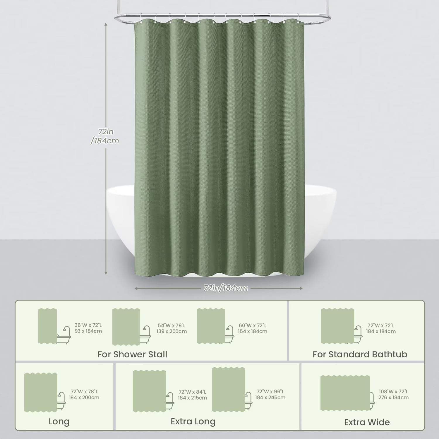 Shower Curtain sage green curtains bathroom curtain Waffle Textured Heavy Duty Thick Fabric Shower Curtains for Bathroom, Luxury Weighted Polyester Cloth Bath Curtain ,72Wx72H,Gree
