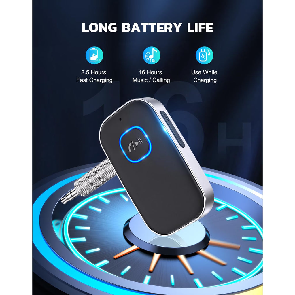 Bluetooth Receiver for Car, Noise Cancelling 3.5mm AUX Bluetooth Car Adapter, Wireless Audio Receiver for Home Stereo/Wired Headphones, Hands-Free Call, 16H Battery Life - Black+Silver