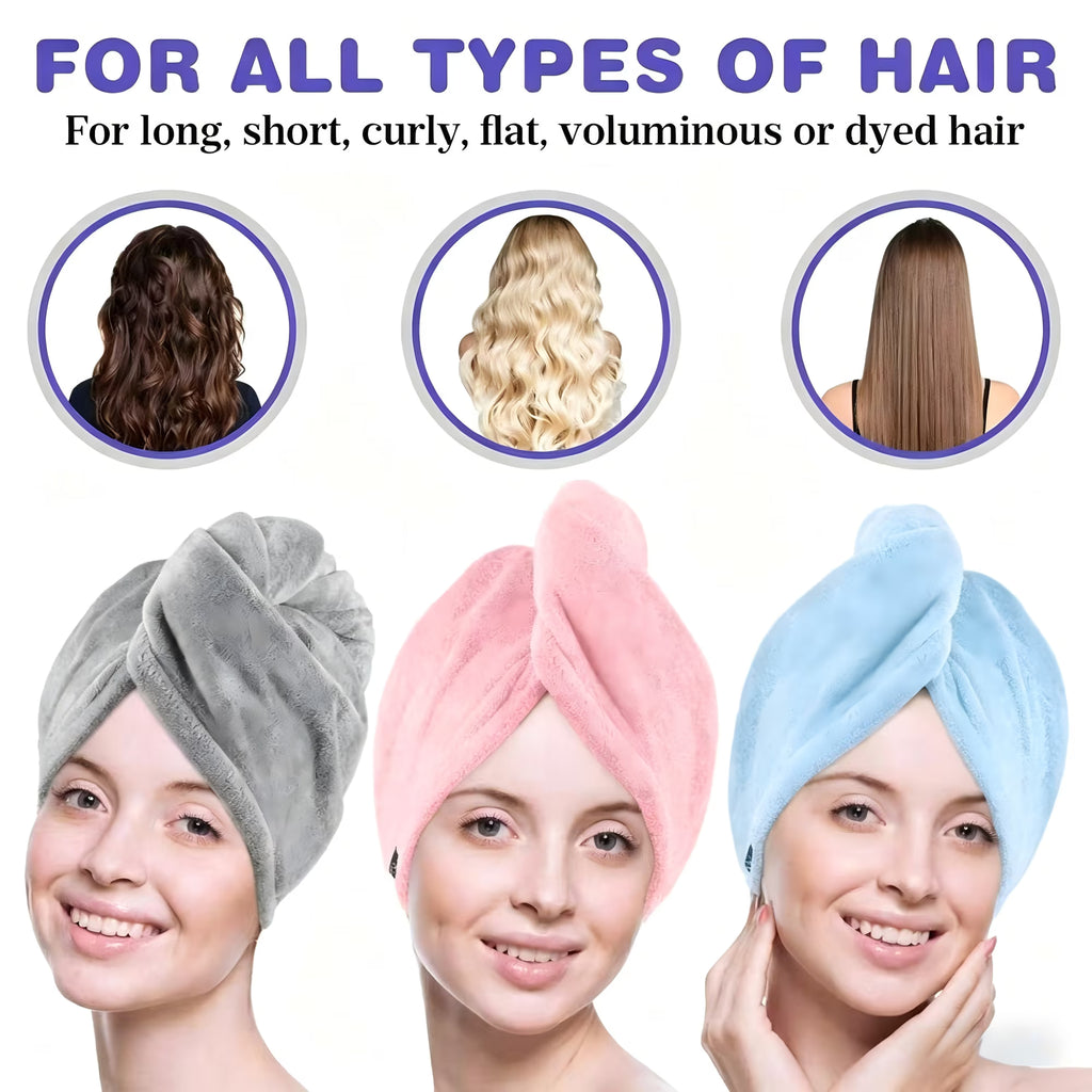 Microfiber Hair Towel Wrap, Fast Drying Hair Towels for Women, Soft Lightweight Quick Dry Turban for Curly & Long Hair–3 Pack(Blue/Grey/Pink)