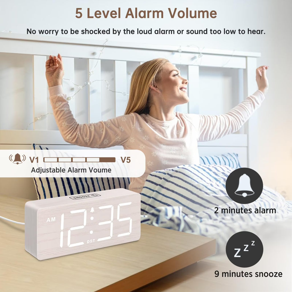 The DreamSky wooden digital alarm clock features wireless charging and is suitable for bedrooms and bedside tables. It comes with a charging dock, USB port, and large digital display.