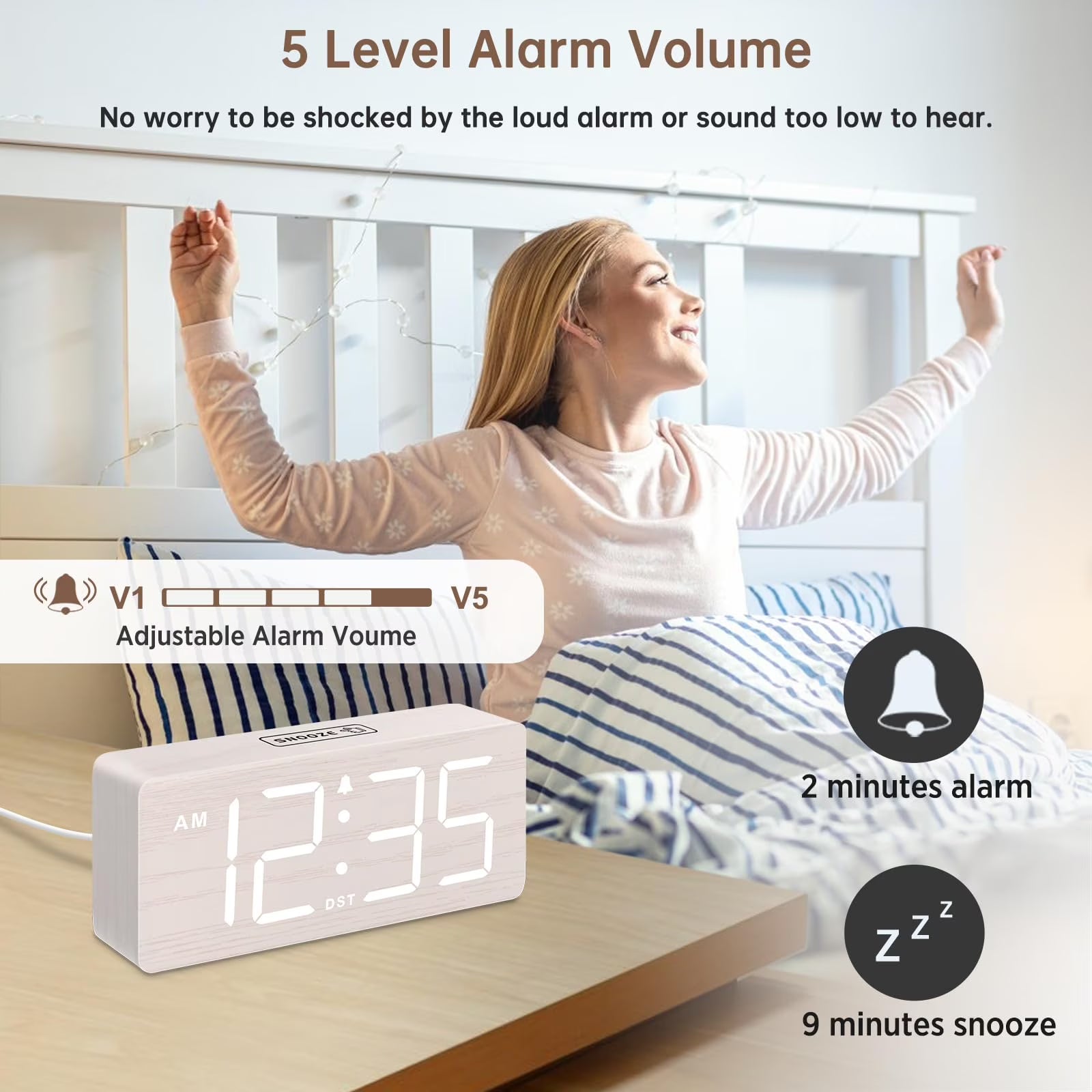 The DreamSky wooden digital alarm clock features wireless charging and is suitable for bedrooms and bedside tables. It comes with a charging dock, USB port, and large digital display.