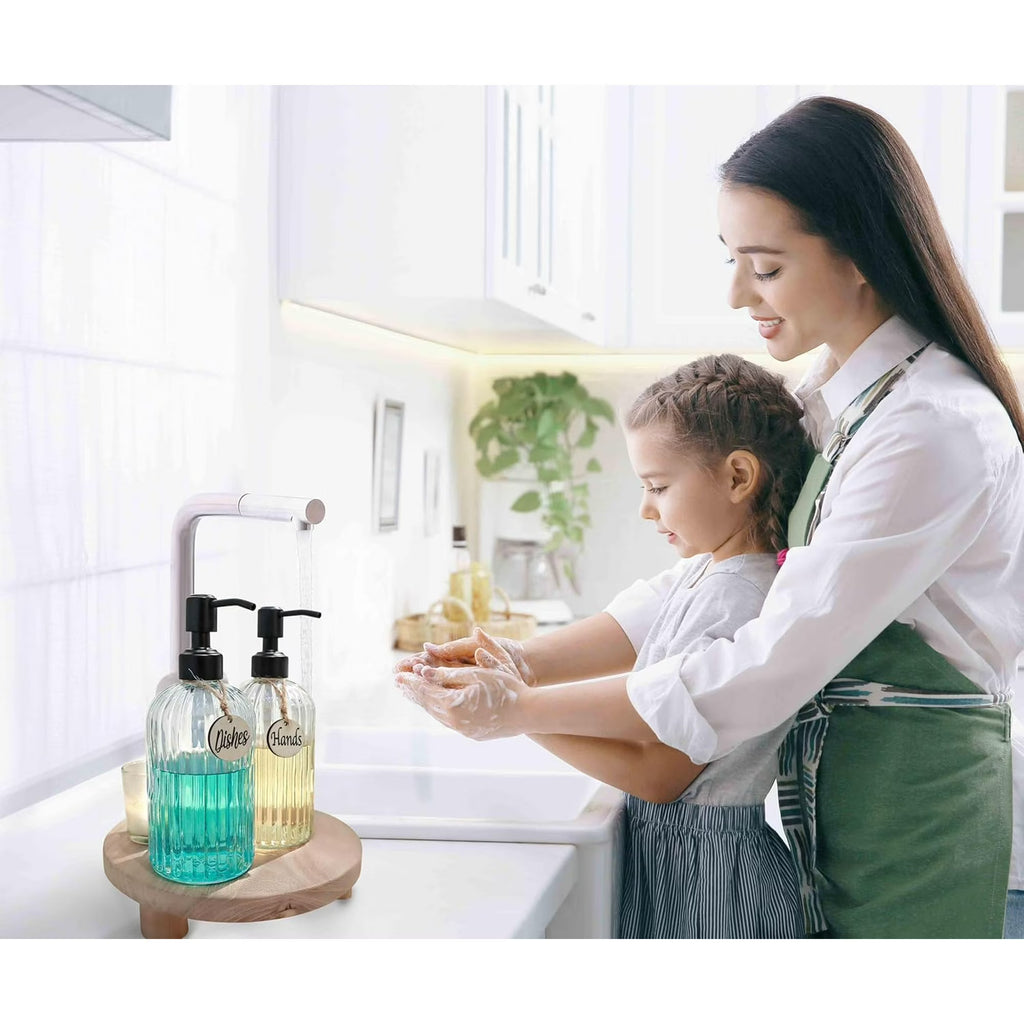 2PACK Glass Soap Dispenser with Rust Proof Stainless Steel Pump, Refillable Hand Soap Dispenser with Vertical Stripe, Premium Bathroom soap Dispenser for Kitchen & Bathroom