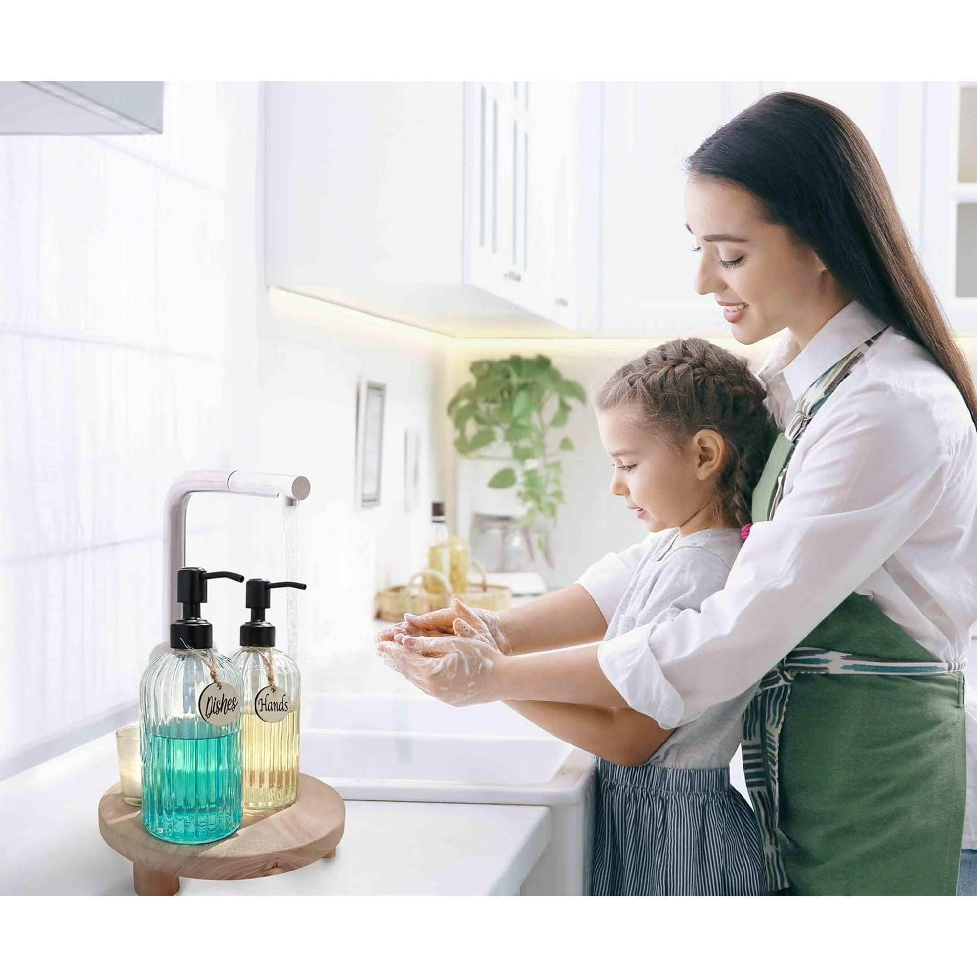 2PACK Glass Soap Dispenser with Rust Proof Stainless Steel Pump, Refillable Hand Soap Dispenser with Vertical Stripe, Premium Bathroom soap Dispenser for Kitchen & Bathroom