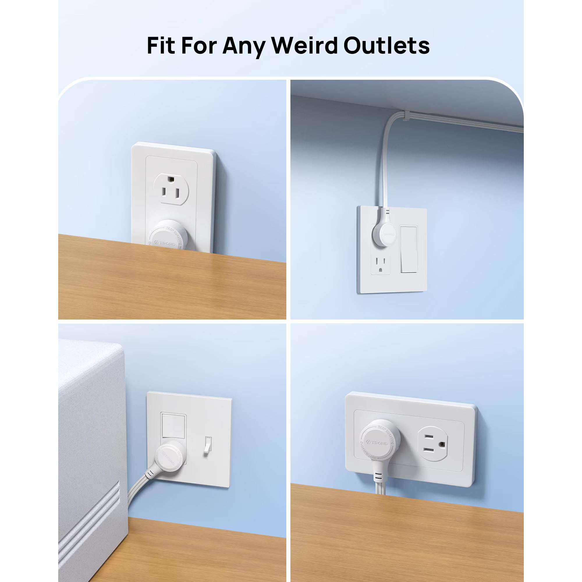 Avoben 360° rotating flat plug power strip with 6 widely spaced sockets, 2 USB-C ports and 1 USB-A port, 1440J surge protector, 5-foot extension cord, suitable for home, travel and office (2-pack).