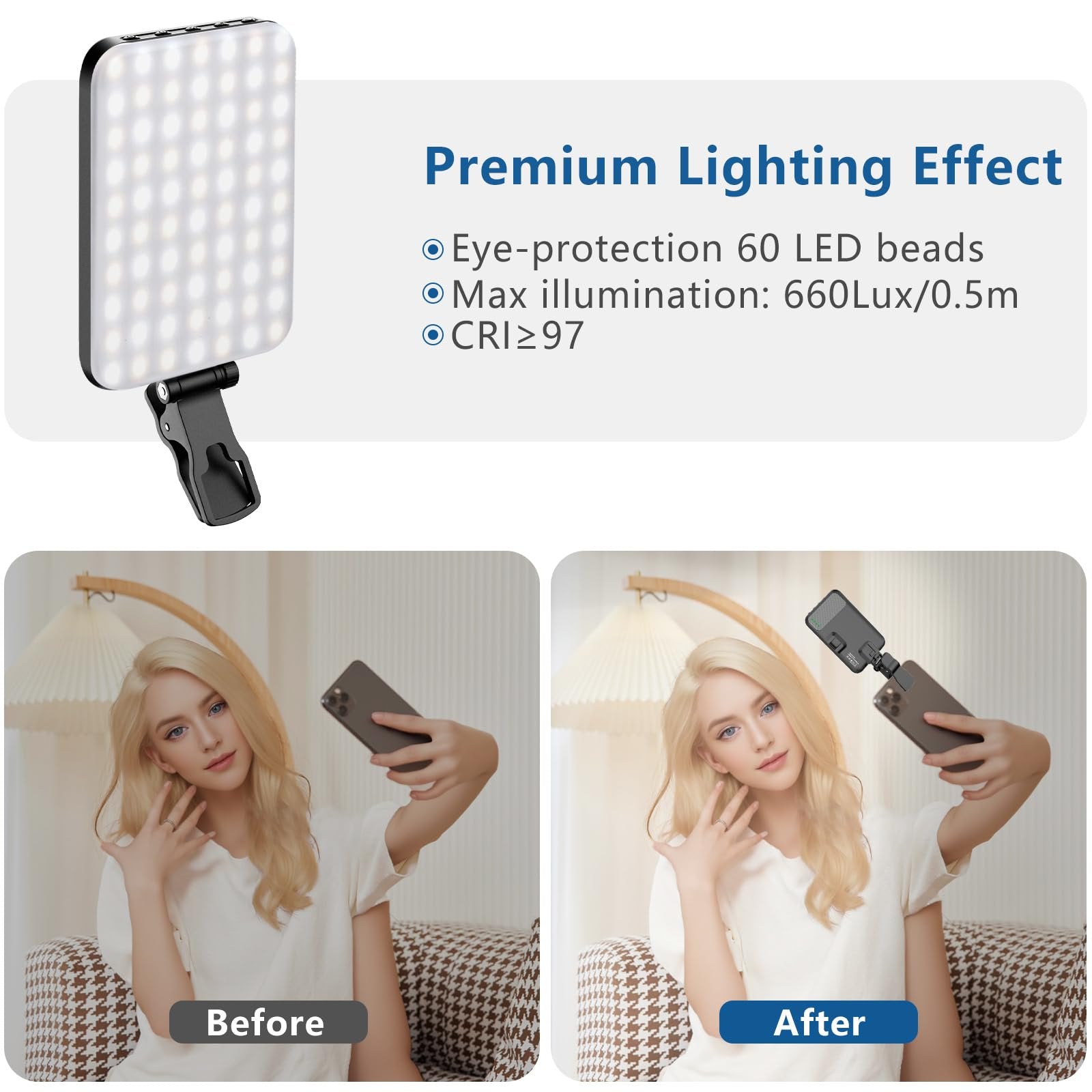 Avoben 60 LED Portable Selfie Light Video Conference Lighting with Clip & Camera Tripod Adapter Rechargeable 2200mAh CRI 97+, 3 Light Modes for Phone iPhone Webcam Laptop Photo Makeup