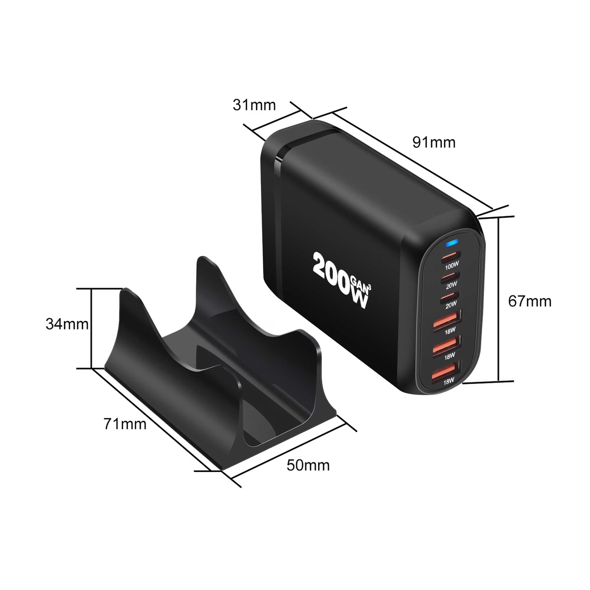 Avoben 200W USB C Charger, GaN Ⅲ PD 100W 6-Port Charging Station for Multiple Devices, Portable Laptop Fast Charging, Adapter for iPad iPhone 17 16 15 14 13 12, MacBook Pro Galaxy, 5ft Cord
