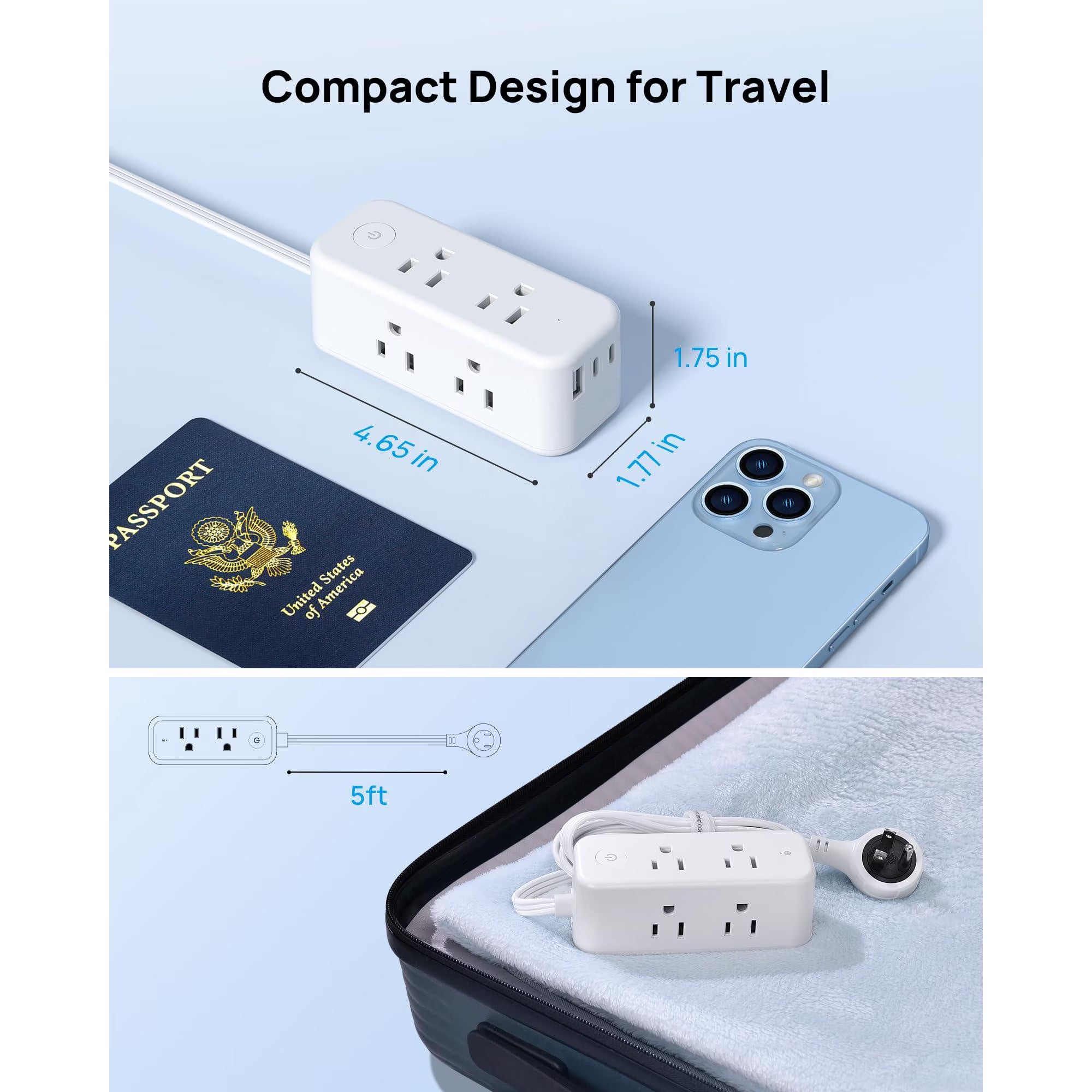 Avoben 360° rotating flat plug power strip with 6 widely spaced sockets, 2 USB-C ports and 1 USB-A port, 1440J surge protector, 5-foot extension cord, suitable for home, travel and office (2-pack).