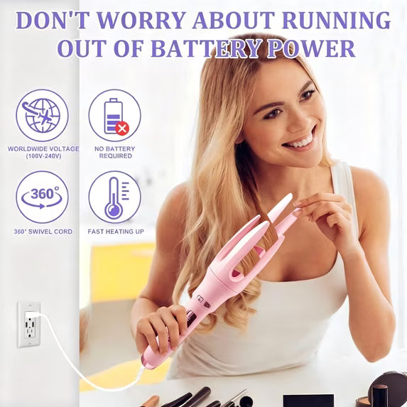 Auto Hair Curler, Automatic Curling Iron with 4 Temperature Settings, 30s Fast Heat, Anti-Tangle & Anti-Scald, 60min Auto Shut-Off, Portable, Easy-to-Use, pink