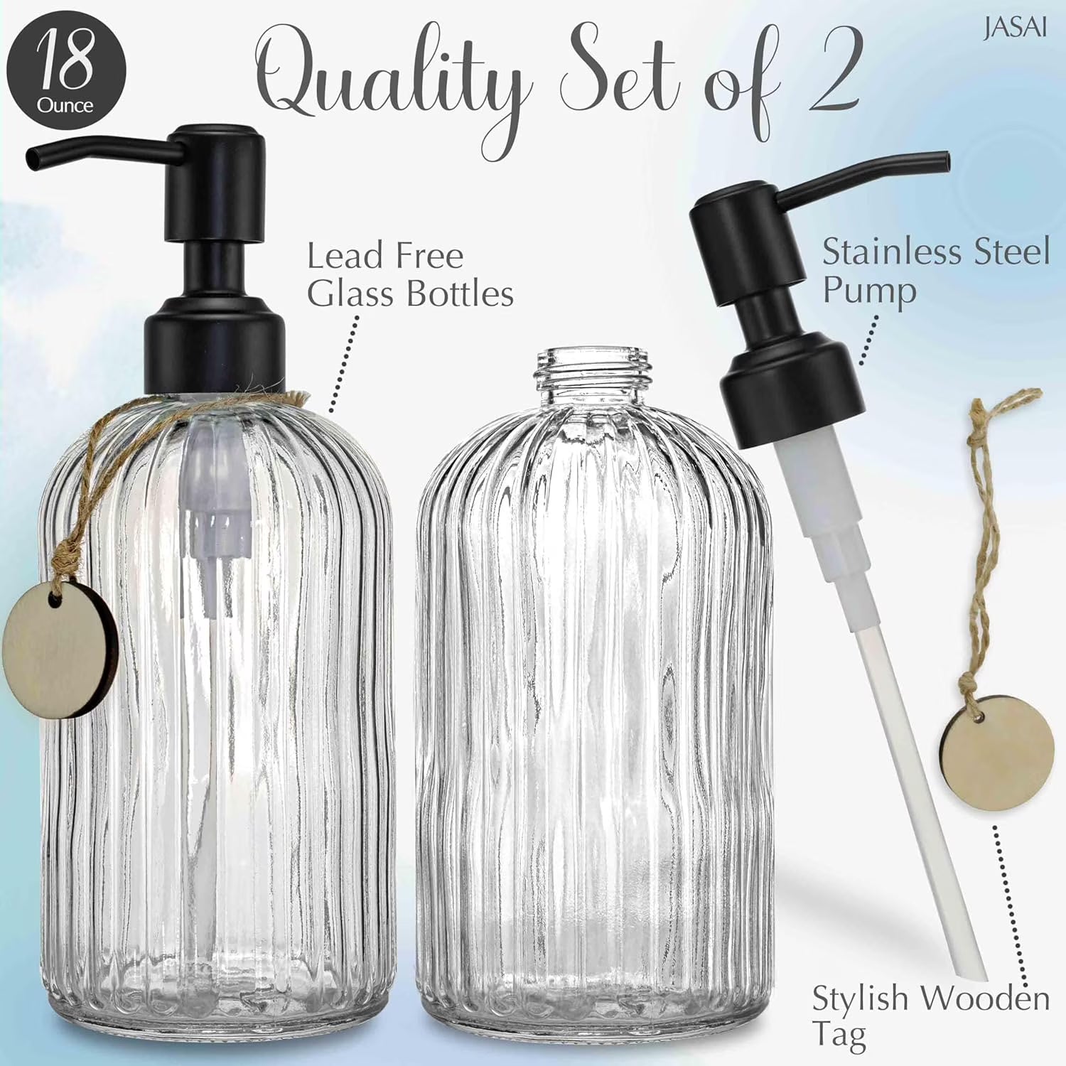 2PACK Glass Soap Dispenser with Rust Proof Stainless Steel Pump, Refillable Hand Soap Dispenser with Vertical Stripe, Premium Bathroom soap Dispenser for Kitchen & Bathroom
