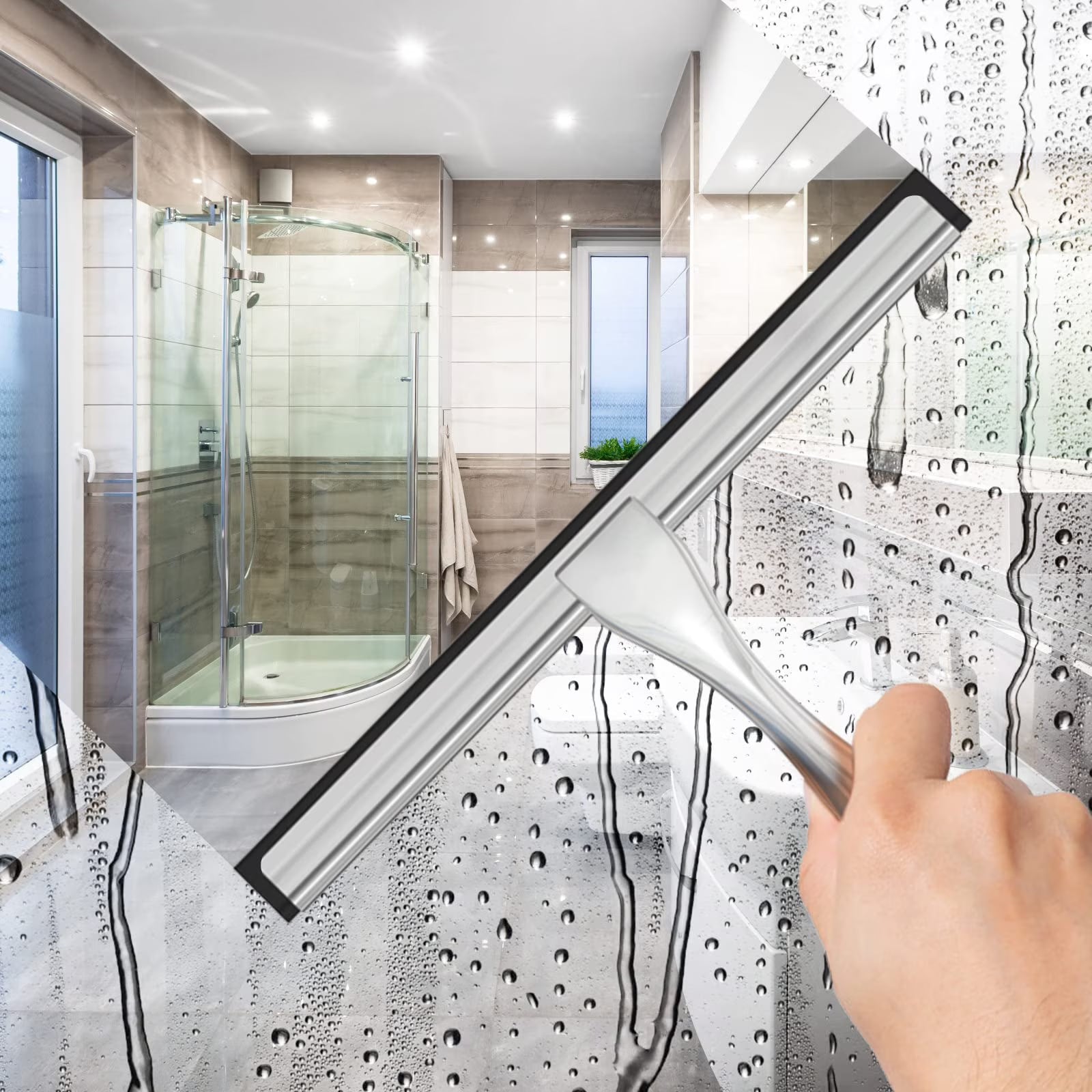 All-Purpose Stainless Steel Shower Squeegee for Shower Glass Door with 2 Adhesive Hooks, Bathroom Cleaner Tool Household Window Mirror Squeegee , Cleaning Tile Wall, Car, Silver