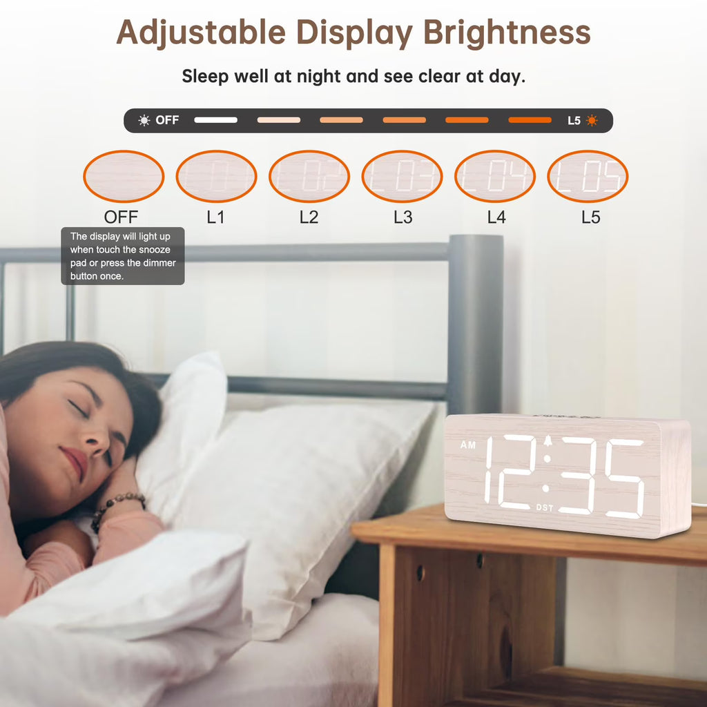 The DreamSky wooden digital alarm clock features wireless charging and is suitable for bedrooms and bedside tables. It comes with a charging dock, USB port, and large digital display.