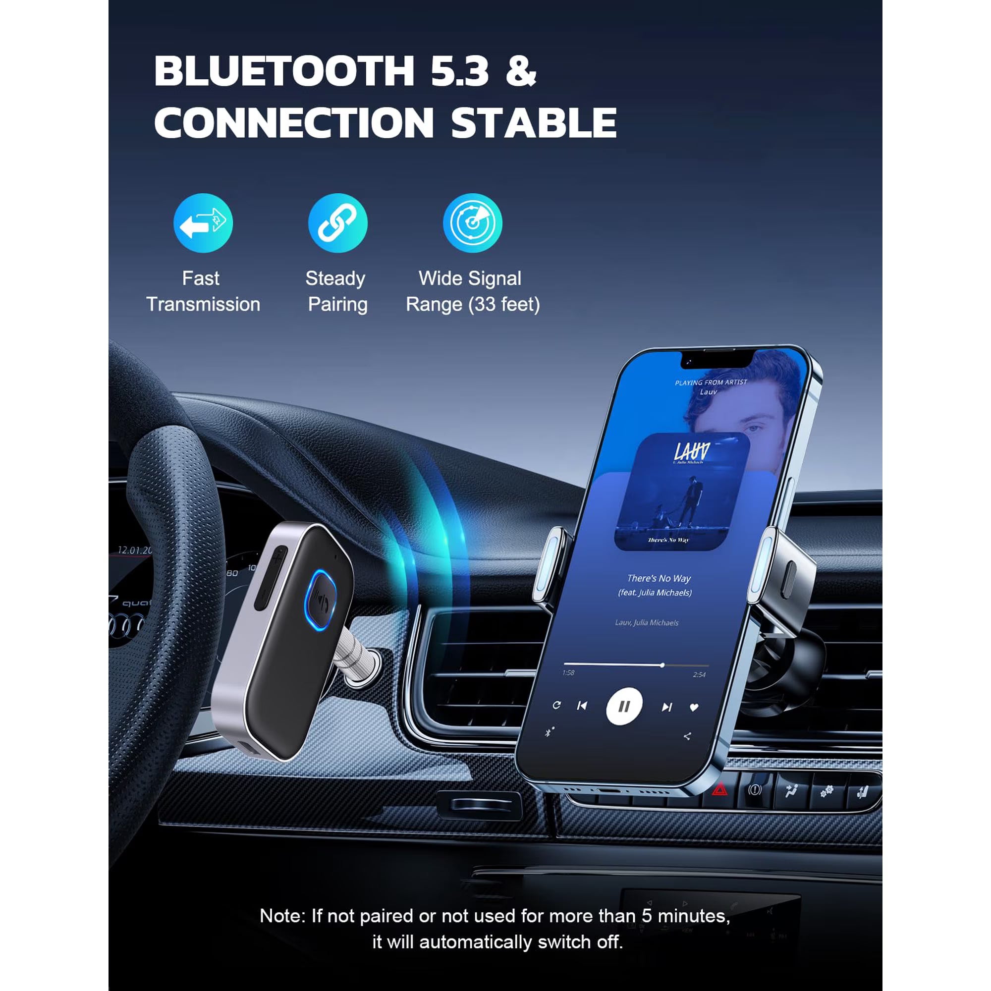 Bluetooth Receiver for Car, Noise Cancelling 3.5mm AUX Bluetooth Car Adapter, Wireless Audio Receiver for Home Stereo/Wired Headphones, Hands-Free Call, 16H Battery Life - Black+Silver