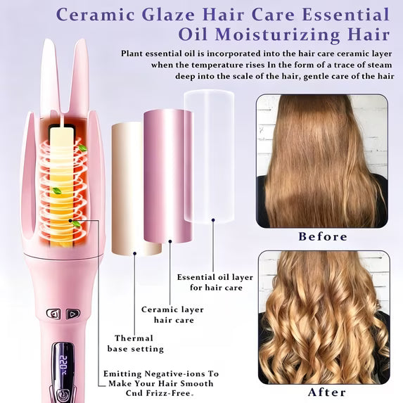 Auto Hair Curler, Automatic Curling Iron with 4 Temperature Settings, 30s Fast Heat, Anti-Tangle & Anti-Scald, 60min Auto Shut-Off, Portable, Easy-to-Use, pink
