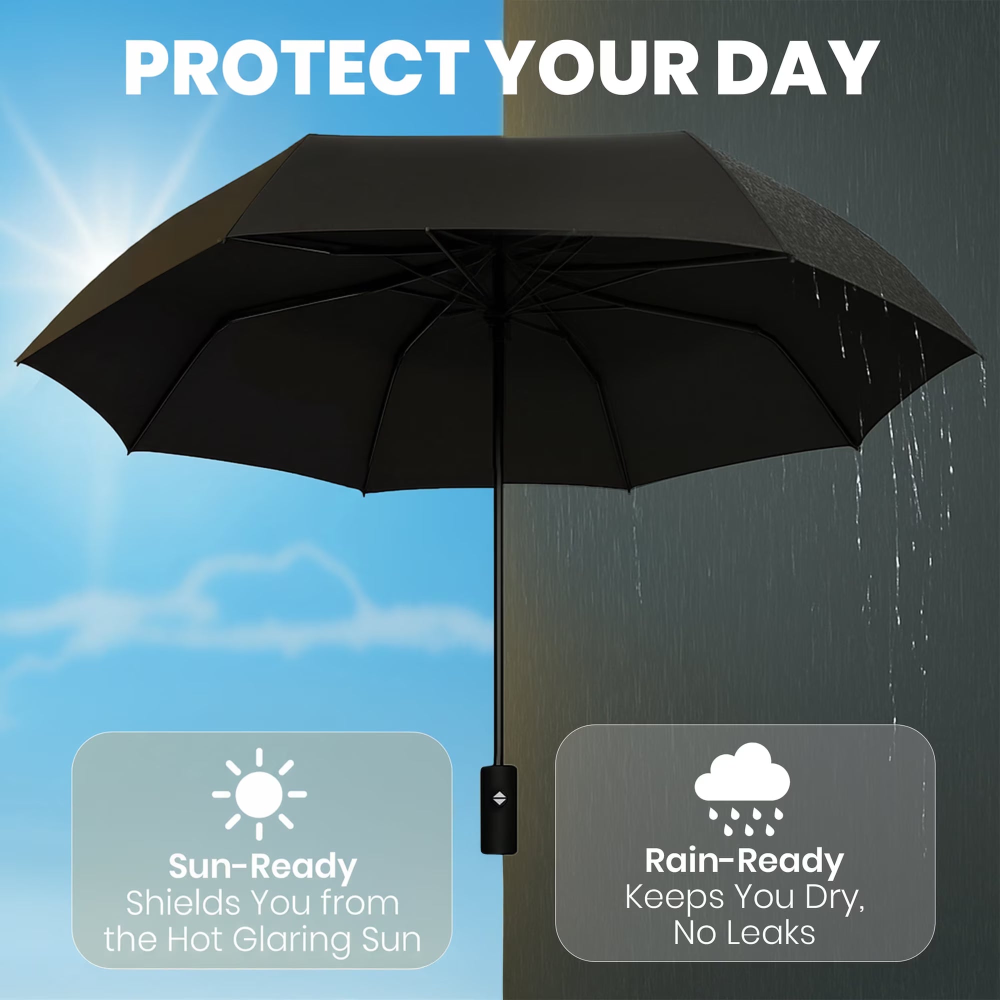 Premium Auto Folding Umbrella for Rain and Sun - Durable, Light & Portable for Women & Men , Fits Backpack & Cars