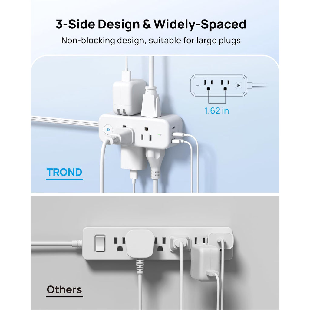 Avoben 360° rotating flat plug power strip with 6 widely spaced sockets, 2 USB-C ports and 1 USB-A port, 1440J surge protector, 5-foot extension cord, suitable for home, travel and office (2-pack).