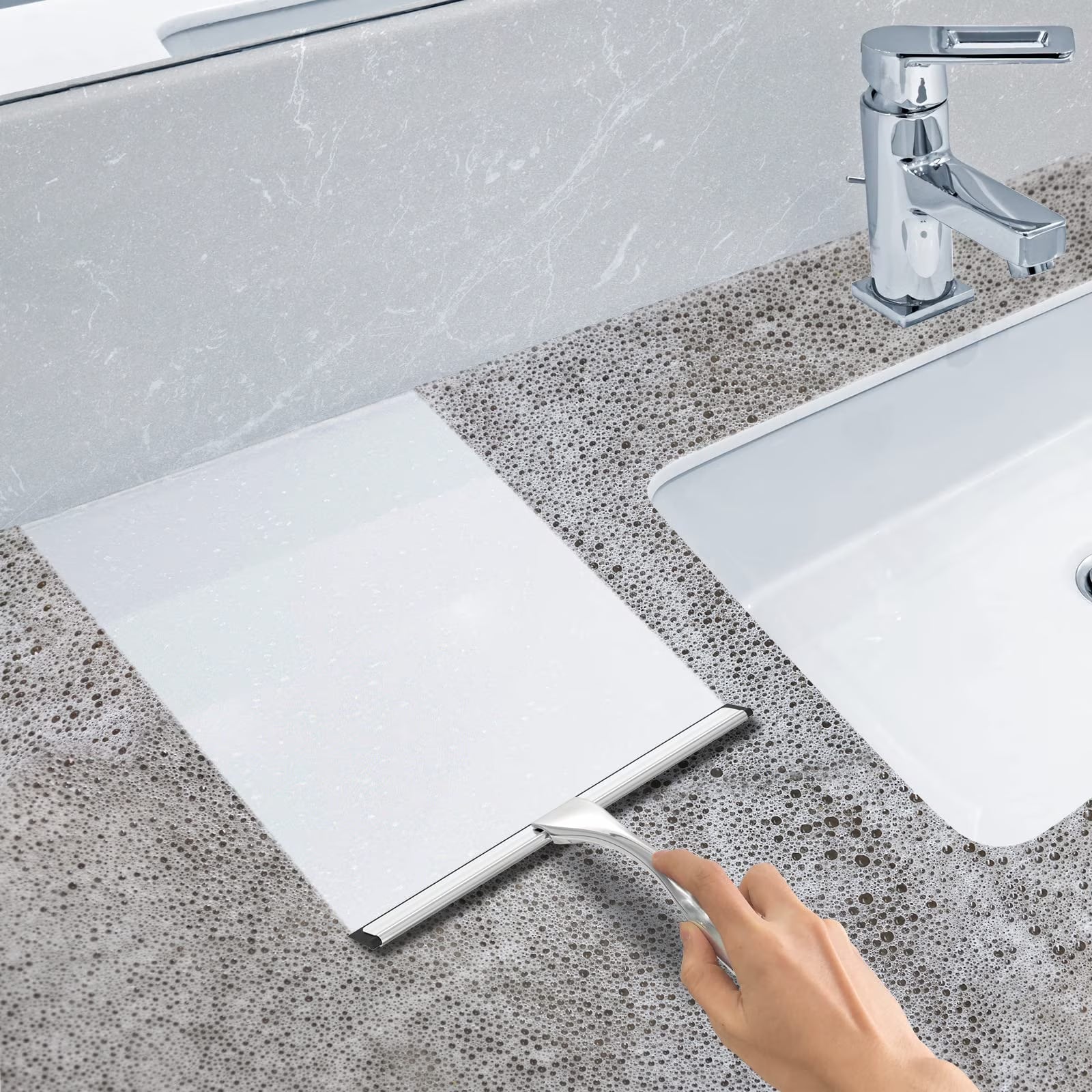 All-Purpose Stainless Steel Shower Squeegee for Shower Glass Door with 2 Adhesive Hooks, Bathroom Cleaner Tool Household Window Mirror Squeegee , Cleaning Tile Wall, Car, Silver