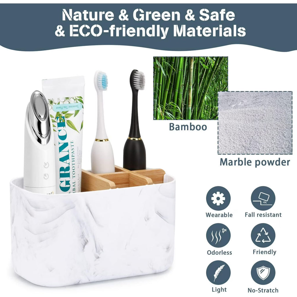 Toothbrush Holders for Bathrooms, 5 Slots Bamboo Toothbrush Holder Kids Electric Toothbrush Holder and Toothpaste Holder for Bathroom Countertop Accessories Storage, Marble Toothbrush Organizer