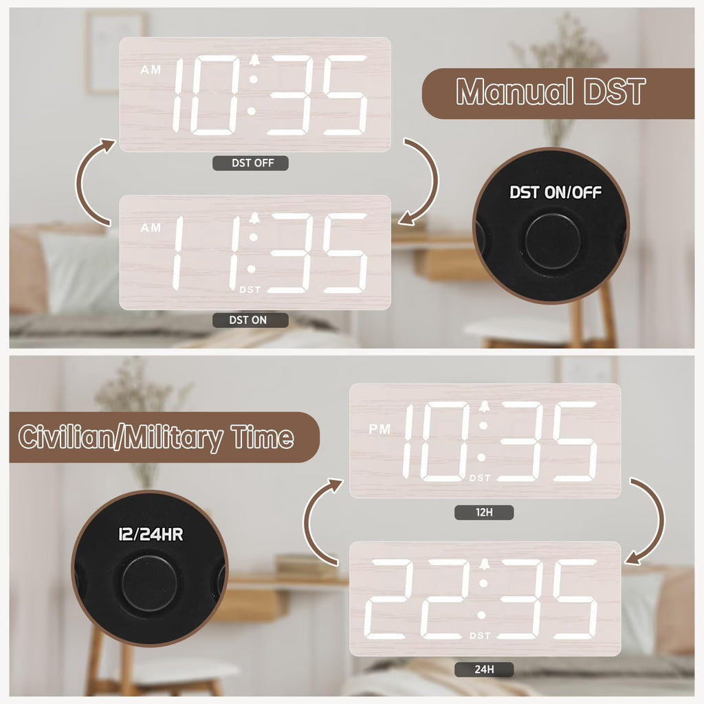 The DreamSky wooden digital alarm clock features wireless charging and is suitable for bedrooms and bedside tables. It comes with a charging dock, USB port, and large digital display.