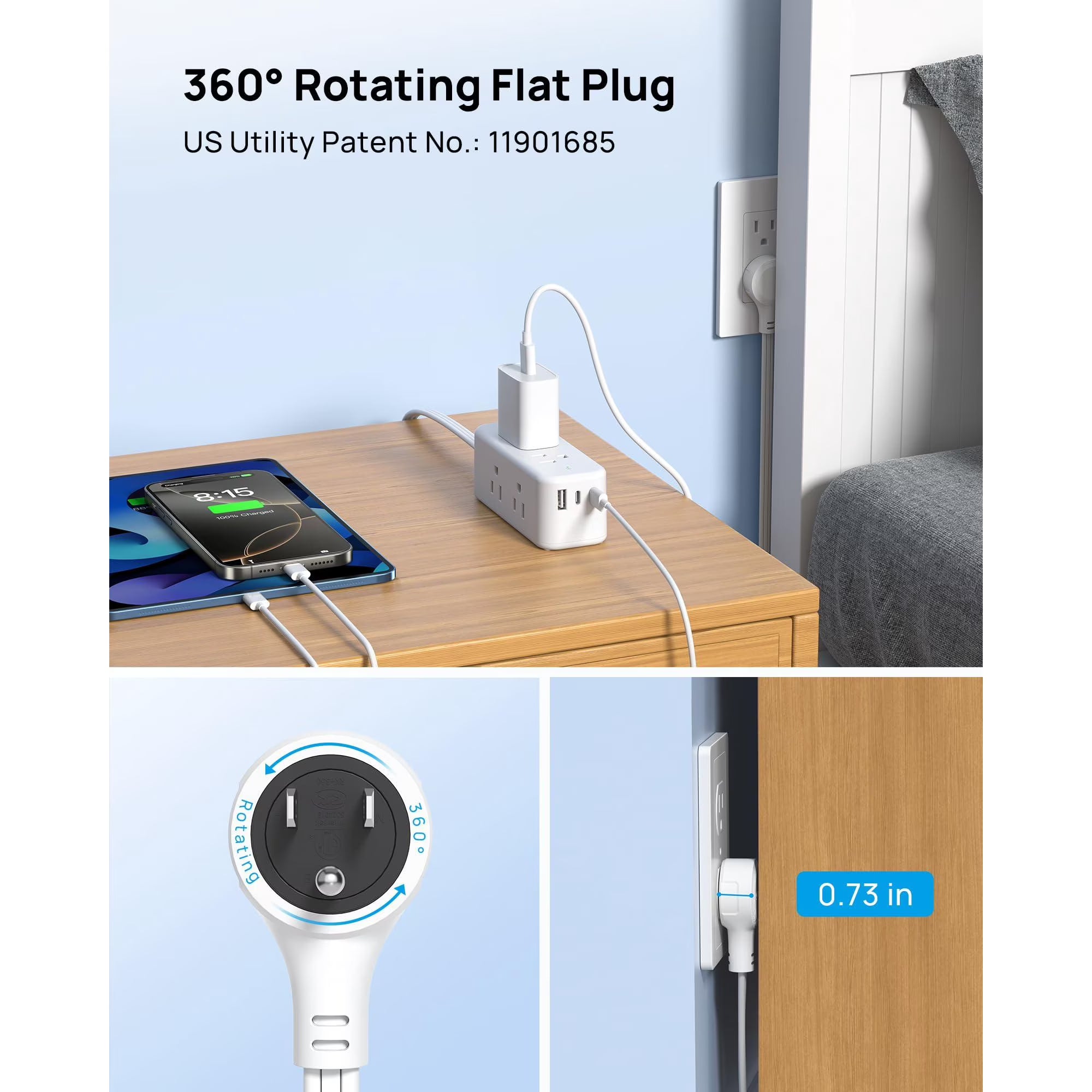 Avoben 360° rotating flat plug power strip with 6 widely spaced sockets, 2 USB-C ports and 1 USB-A port, 1440J surge protector, 5-foot extension cord, suitable for home, travel and office (2-pack).