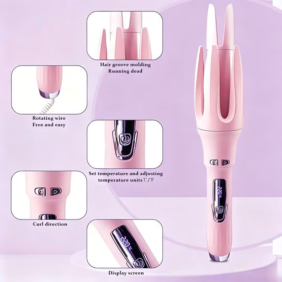 Auto Hair Curler, Automatic Curling Iron with 4 Temperature Settings, 30s Fast Heat, Anti-Tangle & Anti-Scald, 60min Auto Shut-Off, Portable, Easy-to-Use, pink