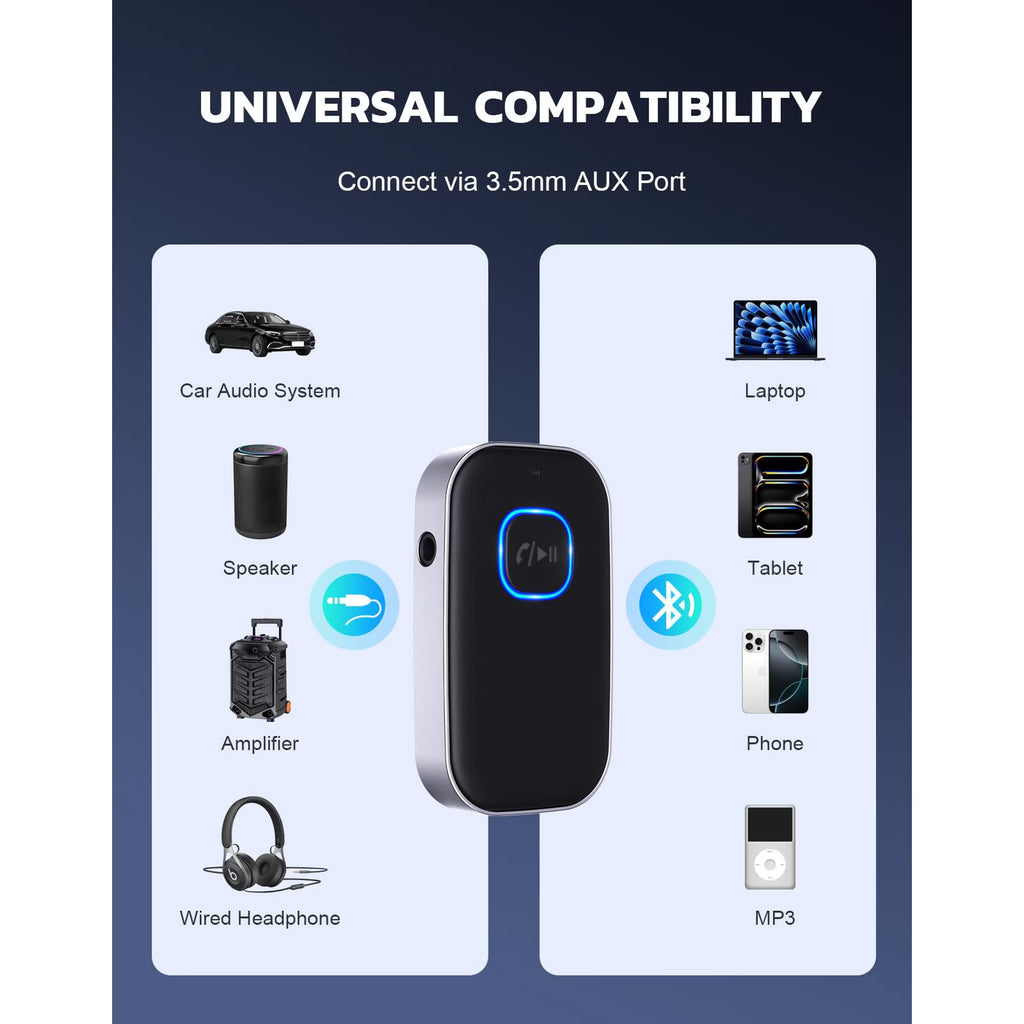 Bluetooth Receiver for Car, Noise Cancelling 3.5mm AUX Bluetooth Car Adapter, Wireless Audio Receiver for Home Stereo/Wired Headphones, Hands-Free Call, 16H Battery Life - Black+Silver