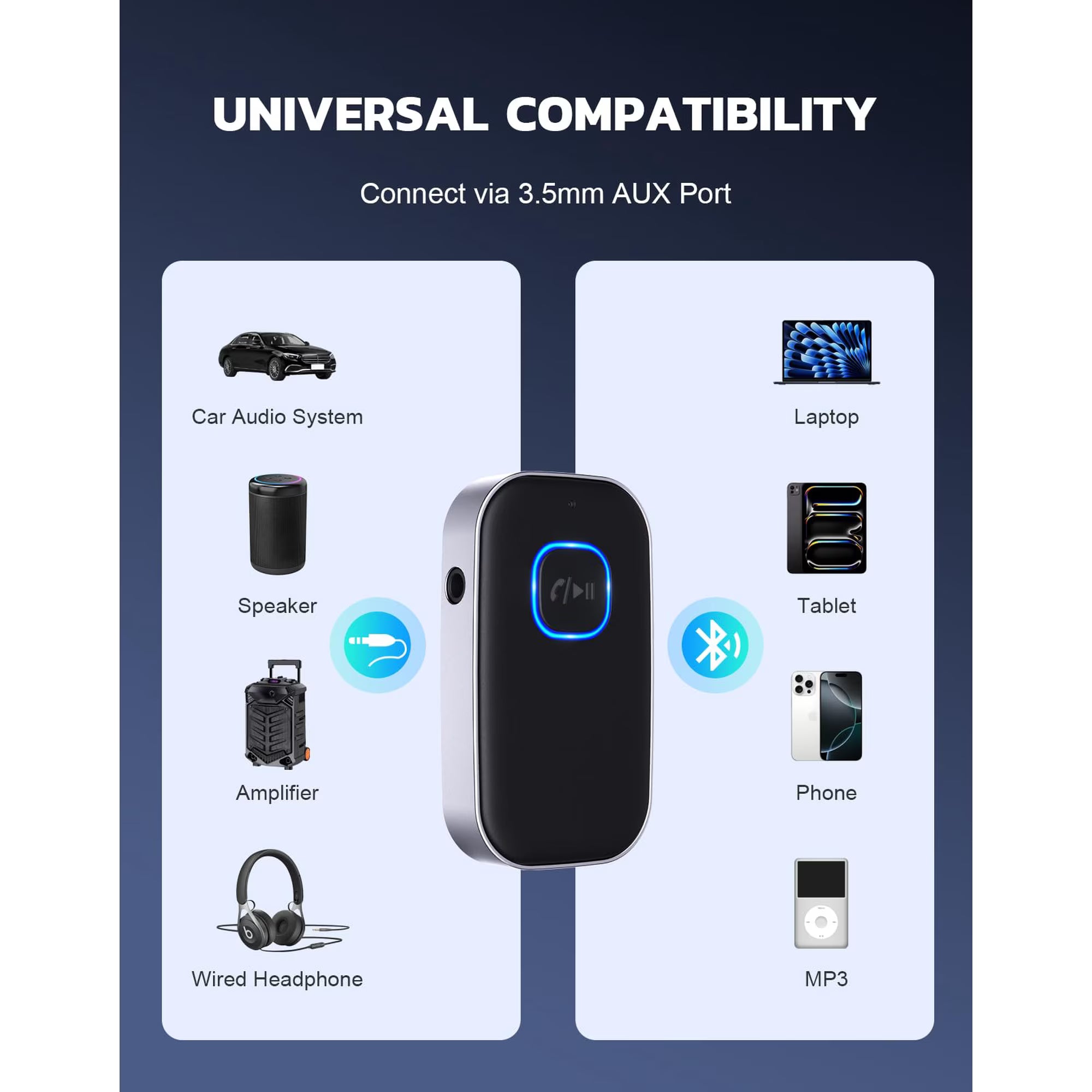 Bluetooth Receiver for Car, Noise Cancelling 3.5mm AUX Bluetooth Car Adapter, Wireless Audio Receiver for Home Stereo/Wired Headphones, Hands-Free Call, 16H Battery Life - Black+Silver
