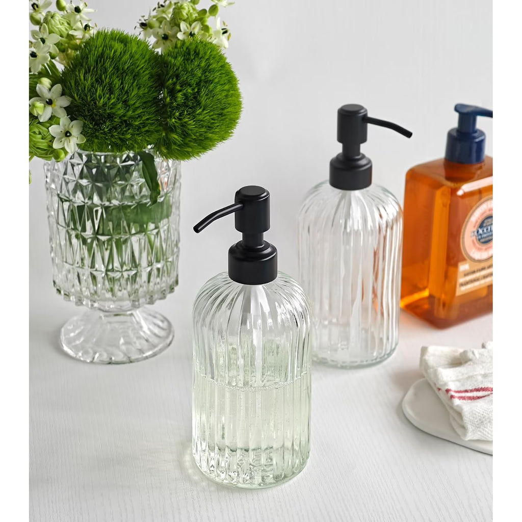 2PACK Glass Soap Dispenser with Rust Proof Stainless Steel Pump, Refillable Hand Soap Dispenser with Vertical Stripe, Premium Bathroom soap Dispenser for Kitchen & Bathroom