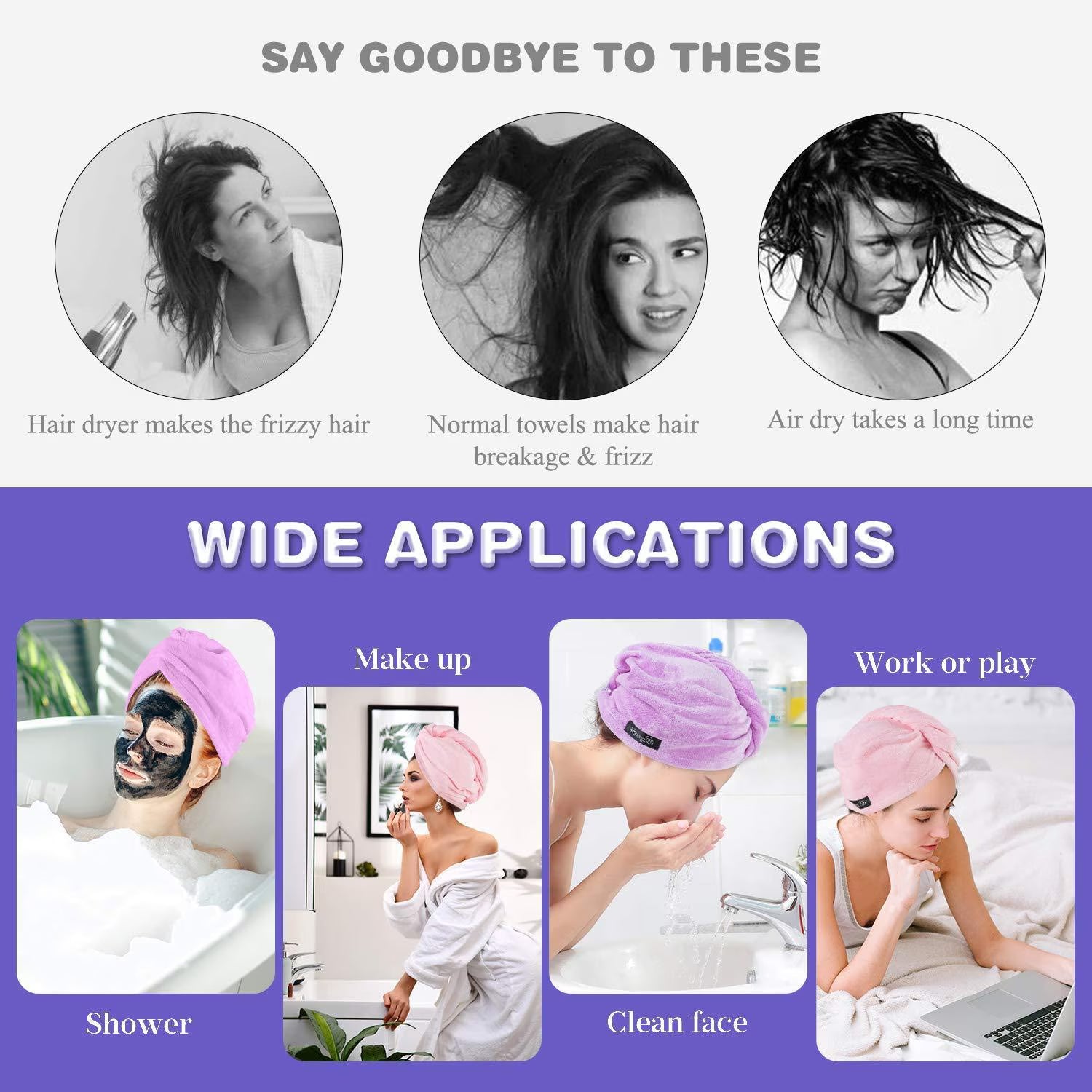 Microfiber Hair Towel Wrap, Fast Drying Hair Towels for Women, Soft Lightweight Quick Dry Turban for Curly & Long Hair–3 Pack(Blue/Grey/Pink)
