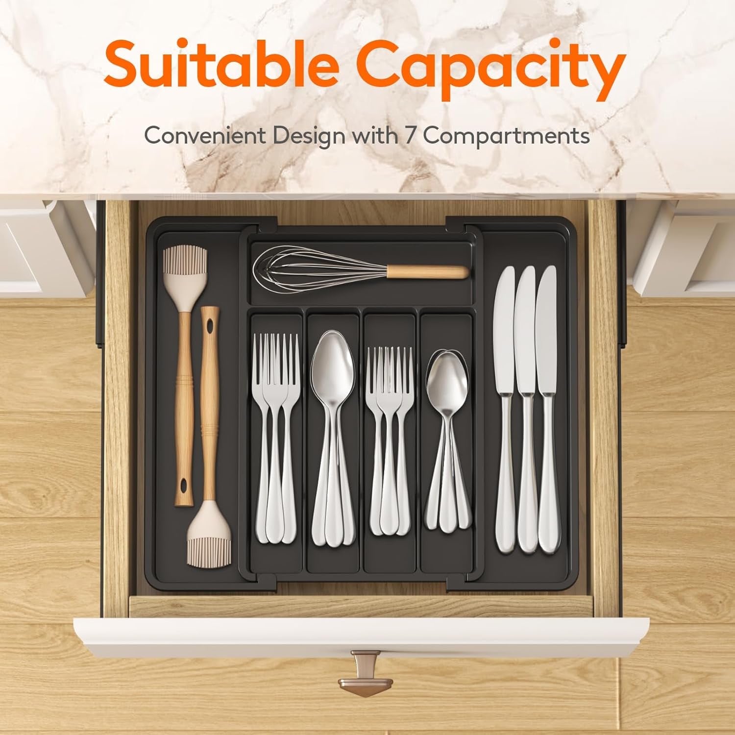 Carestrong Large Expandable drawer organizer, BPA-Free Food-Safe Cutlery silverware organizer, Kitchen Utensil Drawer Organizer, Adjustable Silverware Holder for Spoons Forks Knives, Black