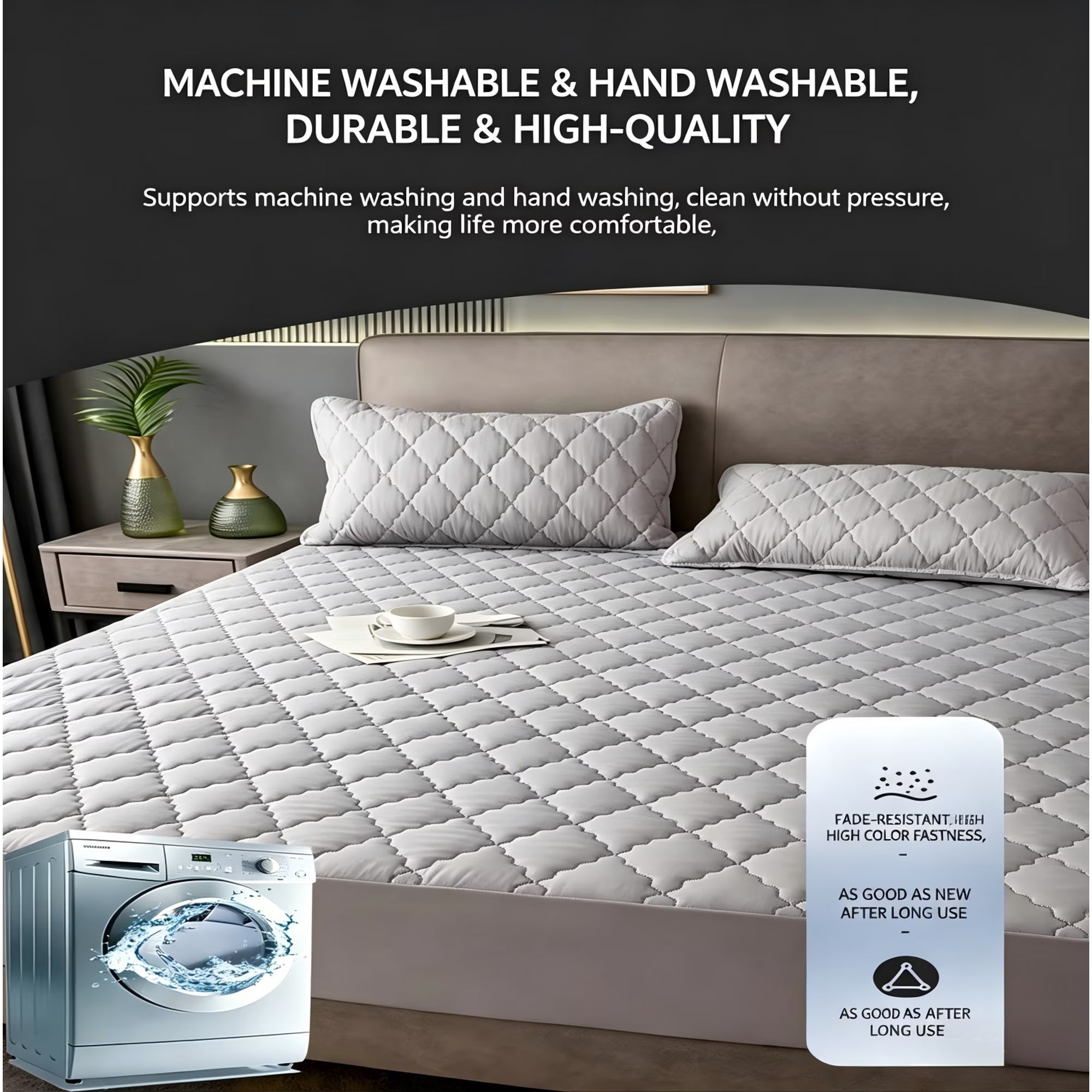 Waterproof Mattress Protector Pad Queen Machine Washable, Breathable Mattress Topper with Deep Pockets, All-Season Use, Hotel Quality (Queen, Grey)