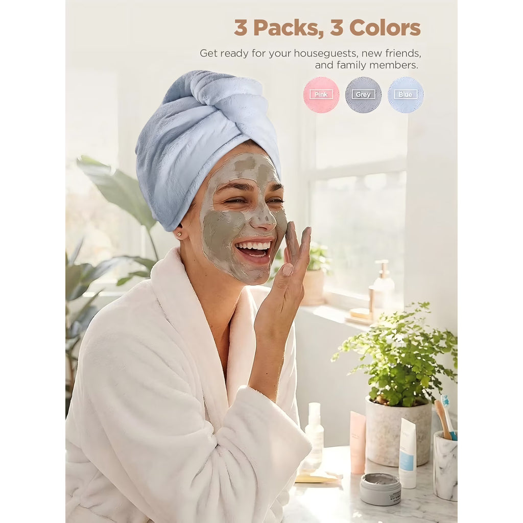 Microfiber Hair Towel Wrap, Fast Drying Hair Towels for Women, Soft Lightweight Quick Dry Turban for Curly & Long Hair–3 Pack(Blue/Grey/Pink)