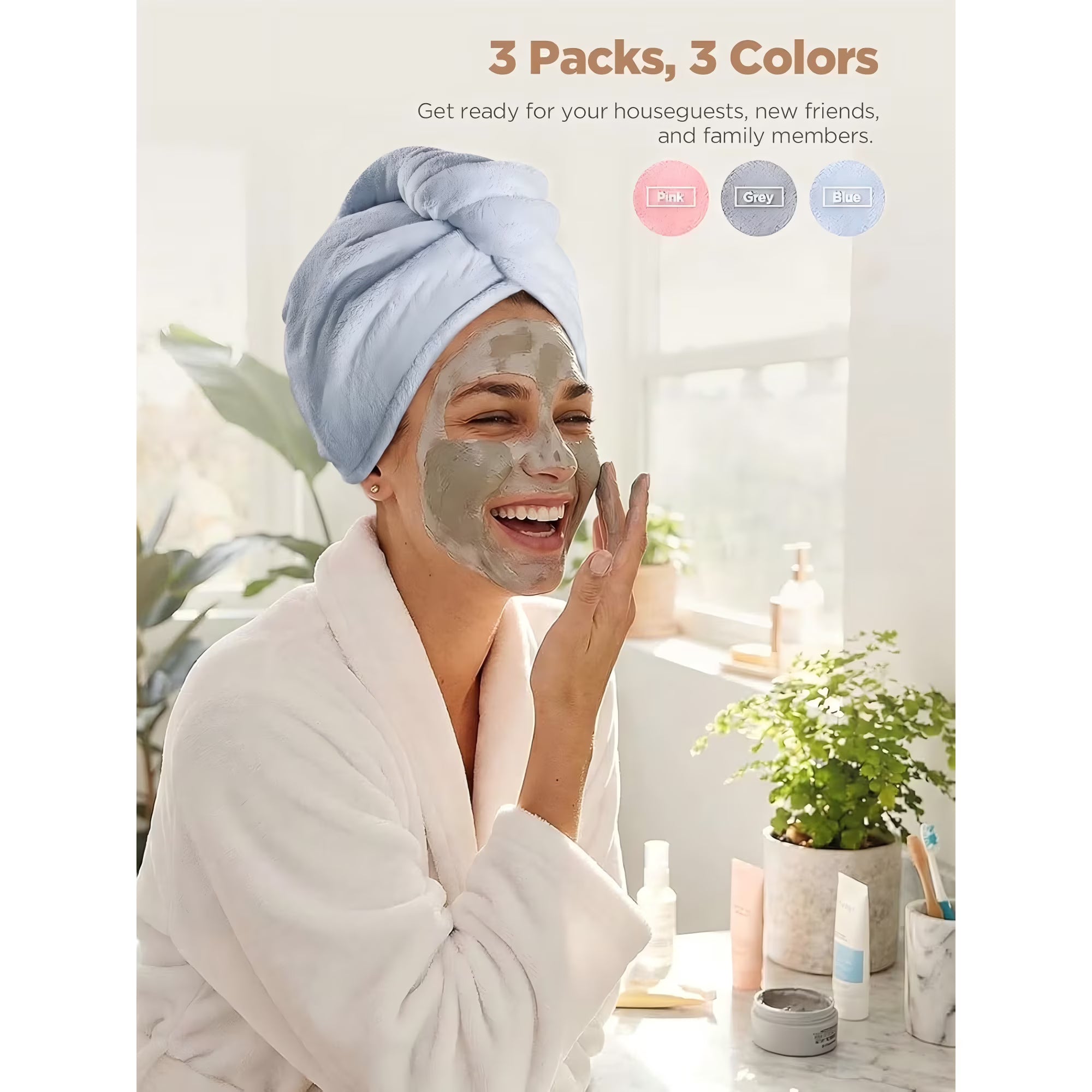 Microfiber Hair Towel Wrap, Fast Drying Hair Towels for Women, Soft Lightweight Quick Dry Turban for Curly & Long Hair–3 Pack(Blue/Grey/Pink)