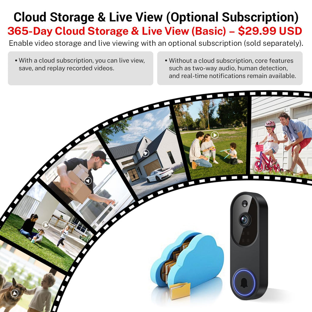 1080p Wireless Wi-Fi Video Doorbell Camera with Two Way Audio, Night Vision, Cloud Storage, Smart AI Motion Detection, Support 2.4GHz Wi-Fi only
