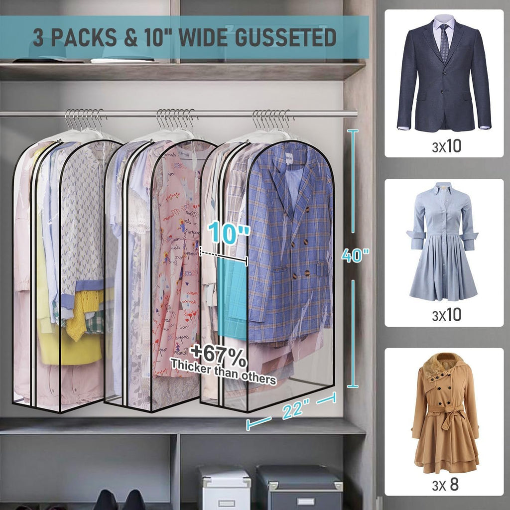 Carestrong 40" Travel Garment Bag with Accessories Zipper Pocket, Heavy Duty Suit Bag for Suits, Tuxedos, Dresses, Coats, Clear, 3 pack