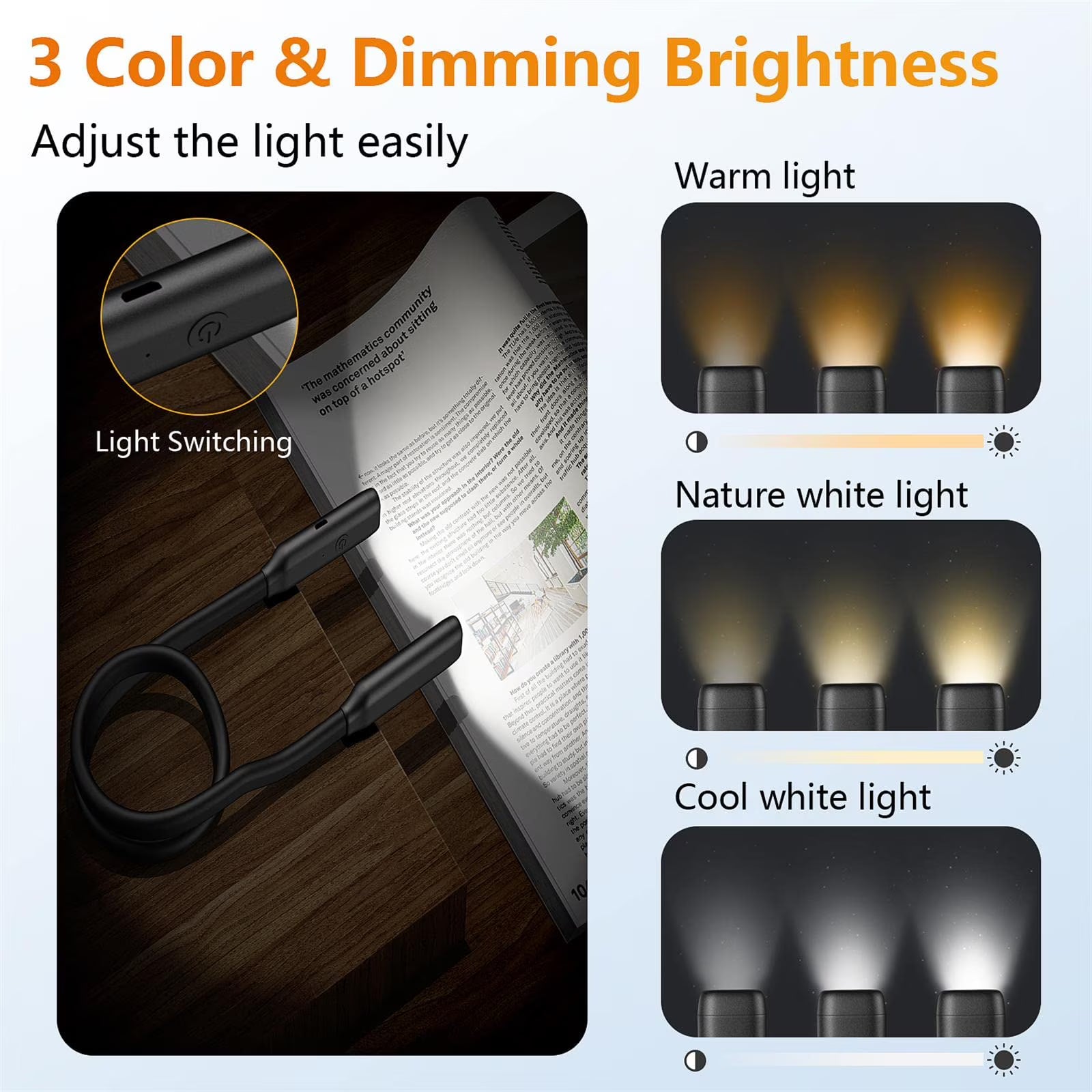 Reading light for books in bed Book Light 3-Color Bendable Neck Light, 80-hr Lasting Rechargeable book accessories for reading lovers, Perfect in Bed, Knitting, Repairing, Book Lovers Gifts