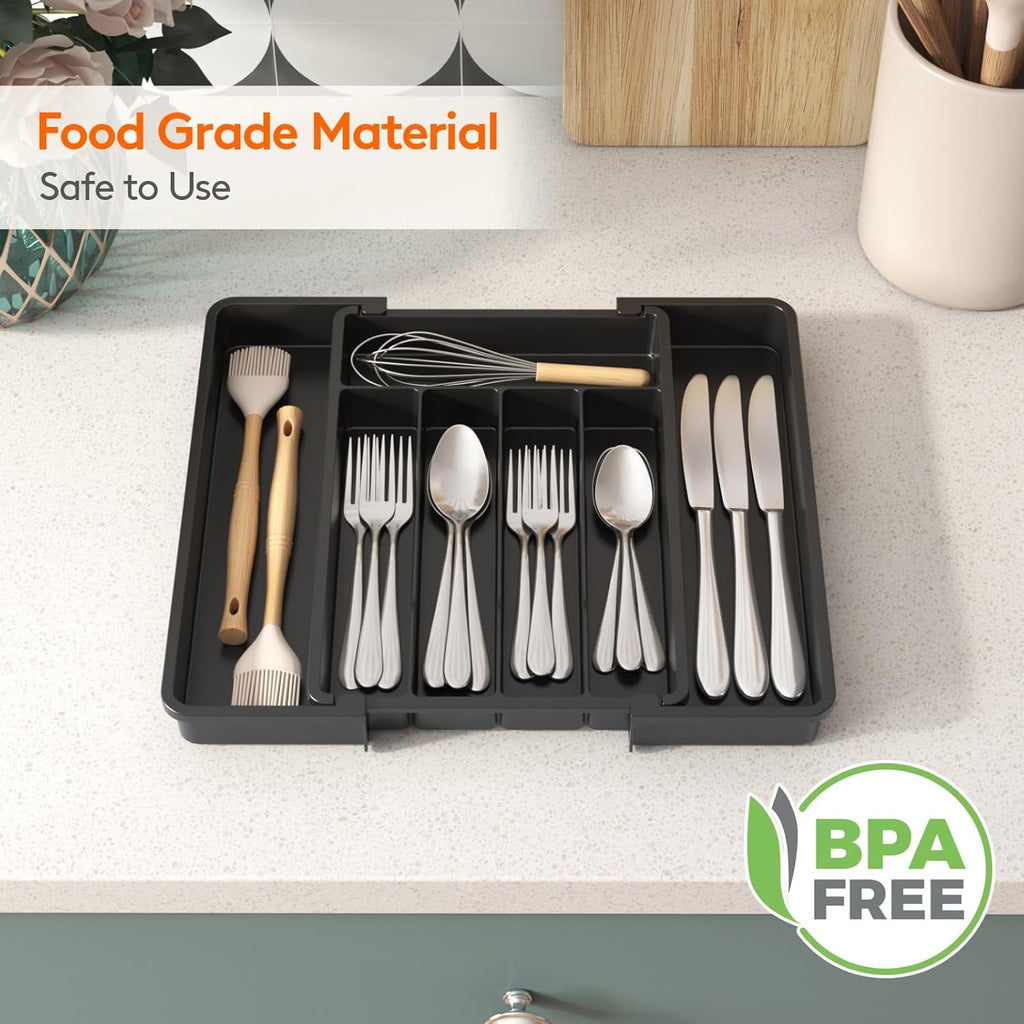 Carestrong Large Expandable drawer organizer, BPA-Free Food-Safe Cutlery silverware organizer, Kitchen Utensil Drawer Organizer, Adjustable Silverware Holder for Spoons Forks Knives, Black