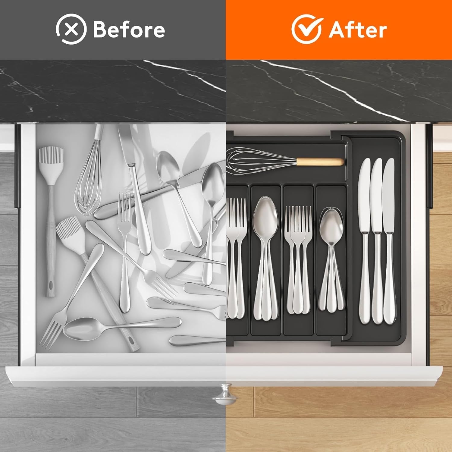 Carestrong Large Expandable drawer organizer, BPA-Free Food-Safe Cutlery silverware organizer, Kitchen Utensil Drawer Organizer, Adjustable Silverware Holder for Spoons Forks Knives, Black