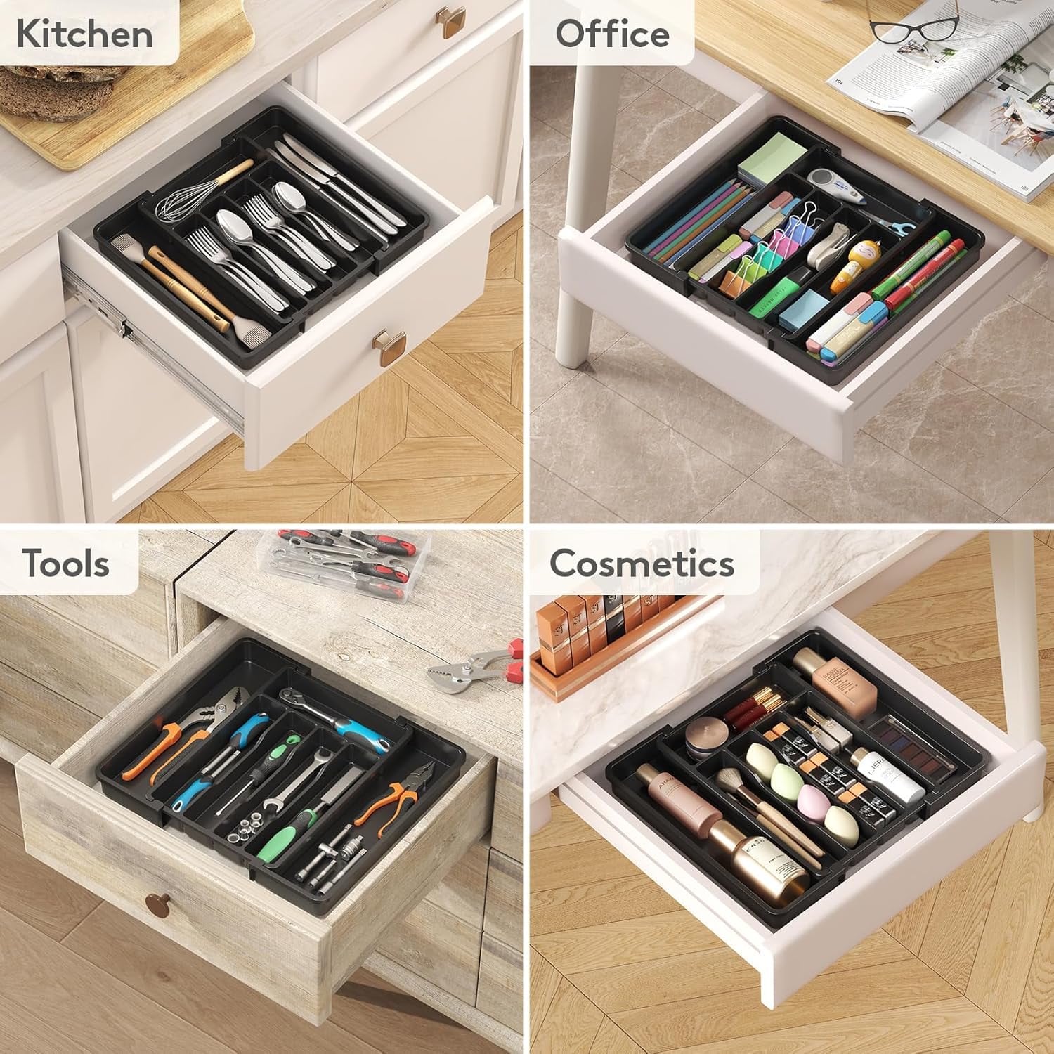 Carestrong Large Expandable drawer organizer, BPA-Free Food-Safe Cutlery silverware organizer, Kitchen Utensil Drawer Organizer, Adjustable Silverware Holder for Spoons Forks Knives, Black