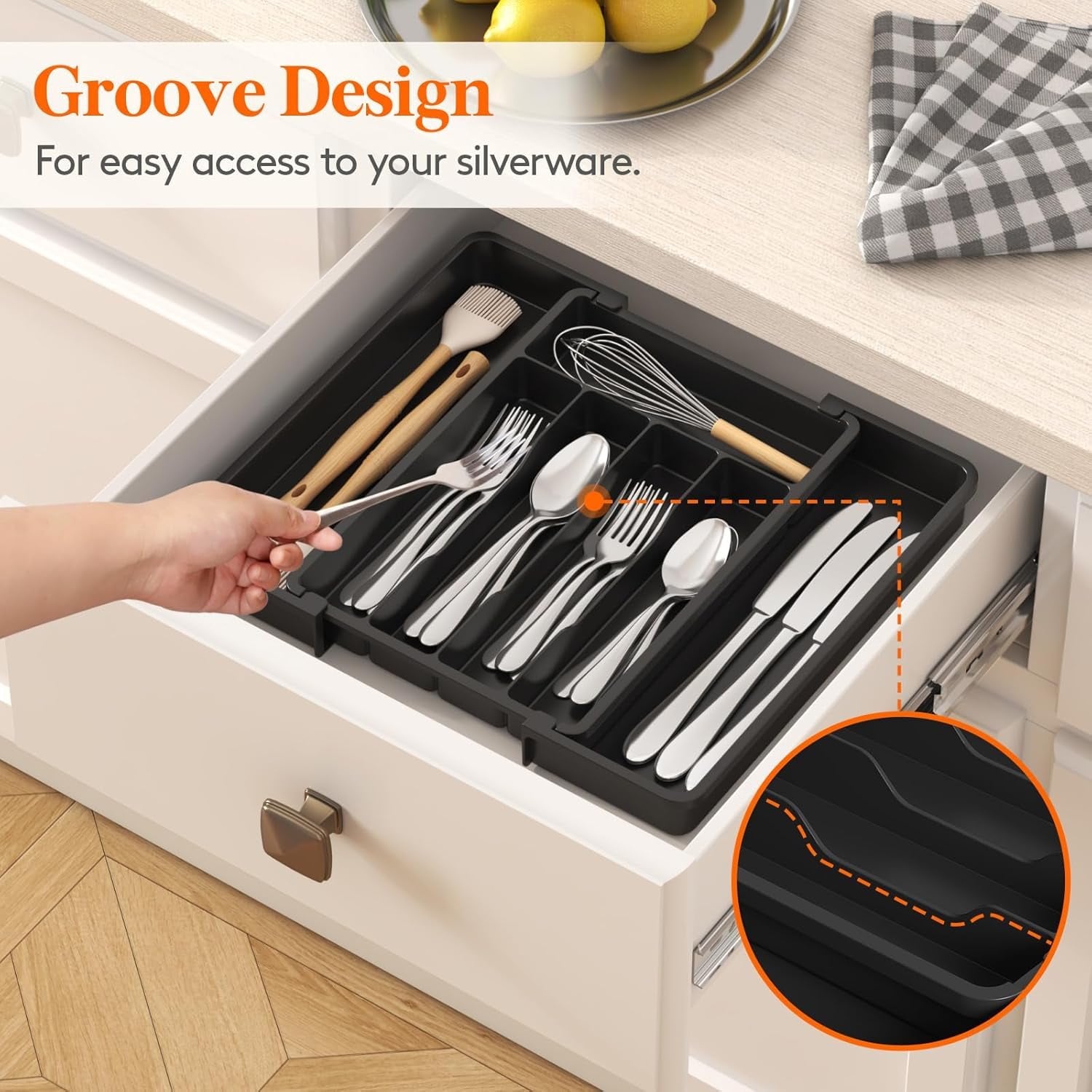 Carestrong Large Expandable drawer organizer, BPA-Free Food-Safe Cutlery silverware organizer, Kitchen Utensil Drawer Organizer, Adjustable Silverware Holder for Spoons Forks Knives, Black